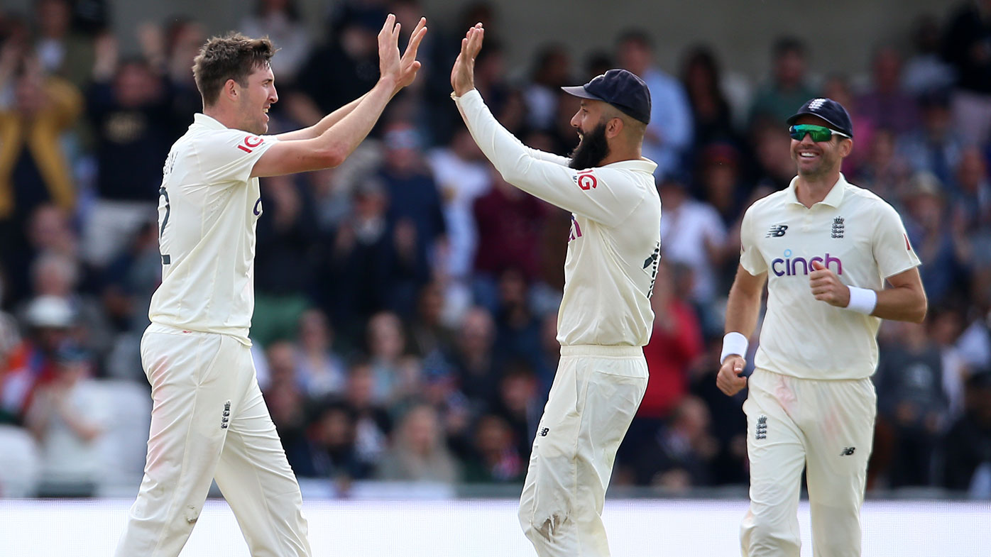 England's Craig Overton celebrates the wicket of India's Rohit Sharma caught by England's Ollie Robinson during day one of the cinch Third Test match at the Emerald Headingley, Leeds. Picture date: Wednesday August 25, 2021. (Photo by Nigel French/PA Images via Getty Images)