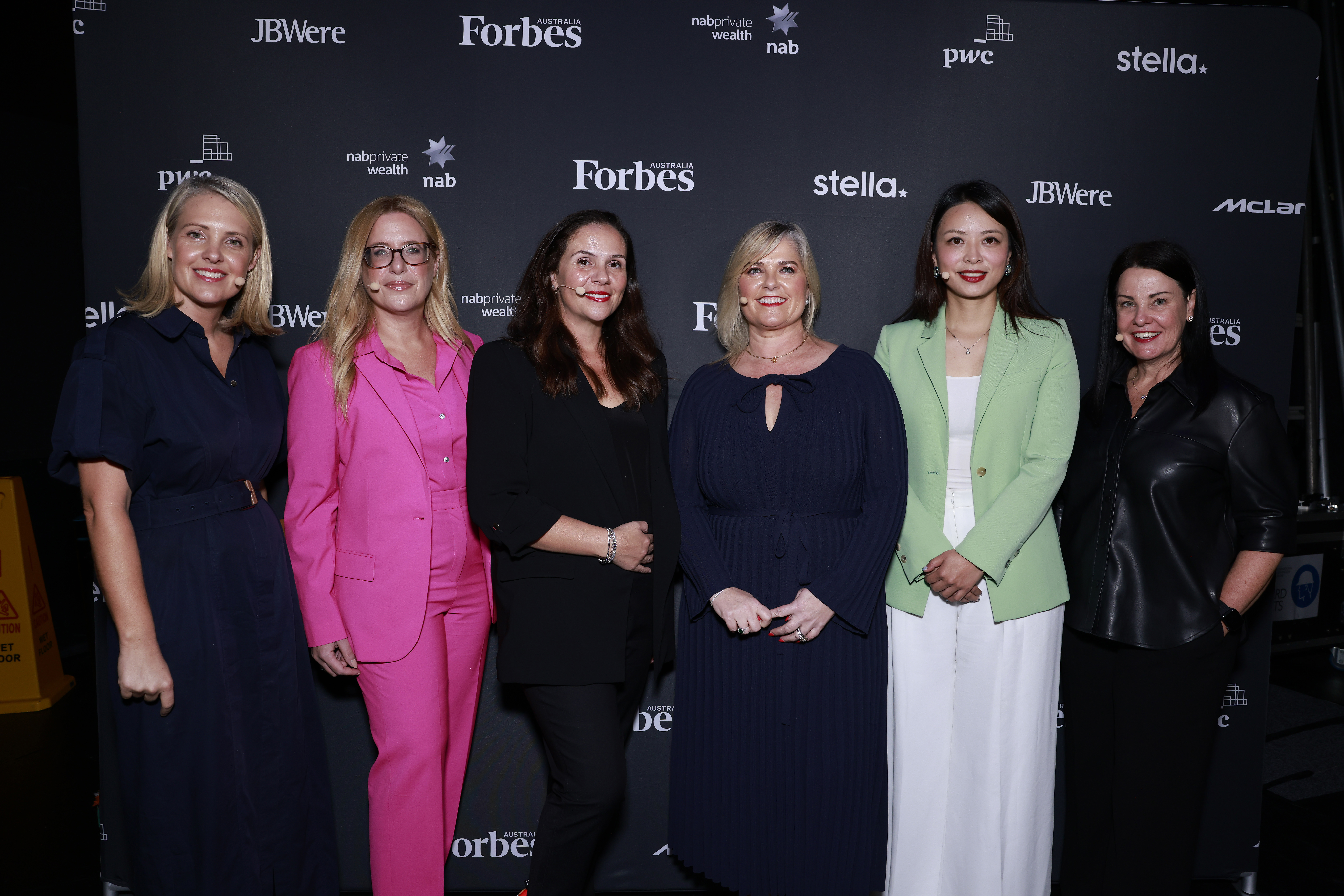 Power of Leadership panel Maria Lykouras, Melanie Silva, Martina Crowley, Sarah Liu and Jane Huxley during at the Forbes Australia Women's Summit at ICC Sydney on March 22, 2023 in Sydney, Australia. Forbes Australia Women's Summit, presented by NAB Private Wealth.  (Photo by Brendon Thorne/Getty Images for Forbes Australia)