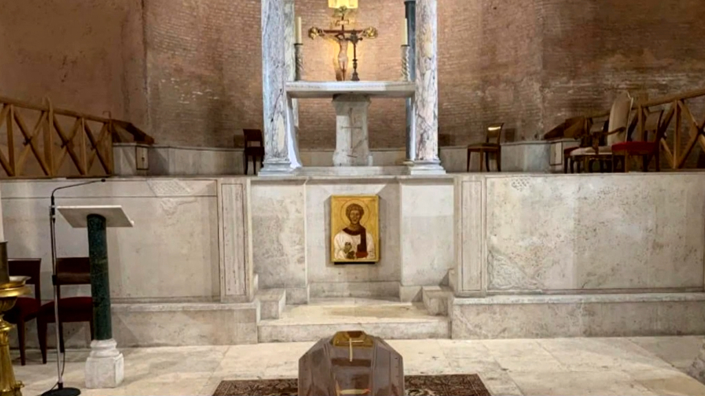 Pell's﻿ closed dark brown wooden coffin has been placed on the floor in the church of St Stephen of the Abyssinians inside the Vatican walls.