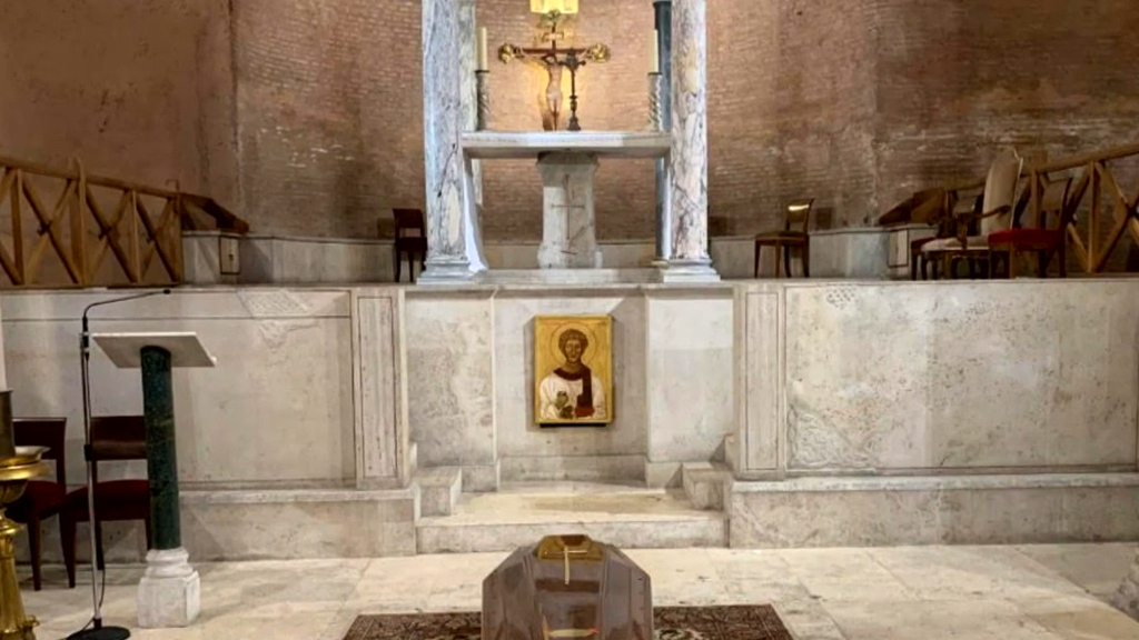 Pell's closed dark brown wooden coffin has been placed on the floor in the church of St Stephen of the Abyssinians inside the Vatican walls.