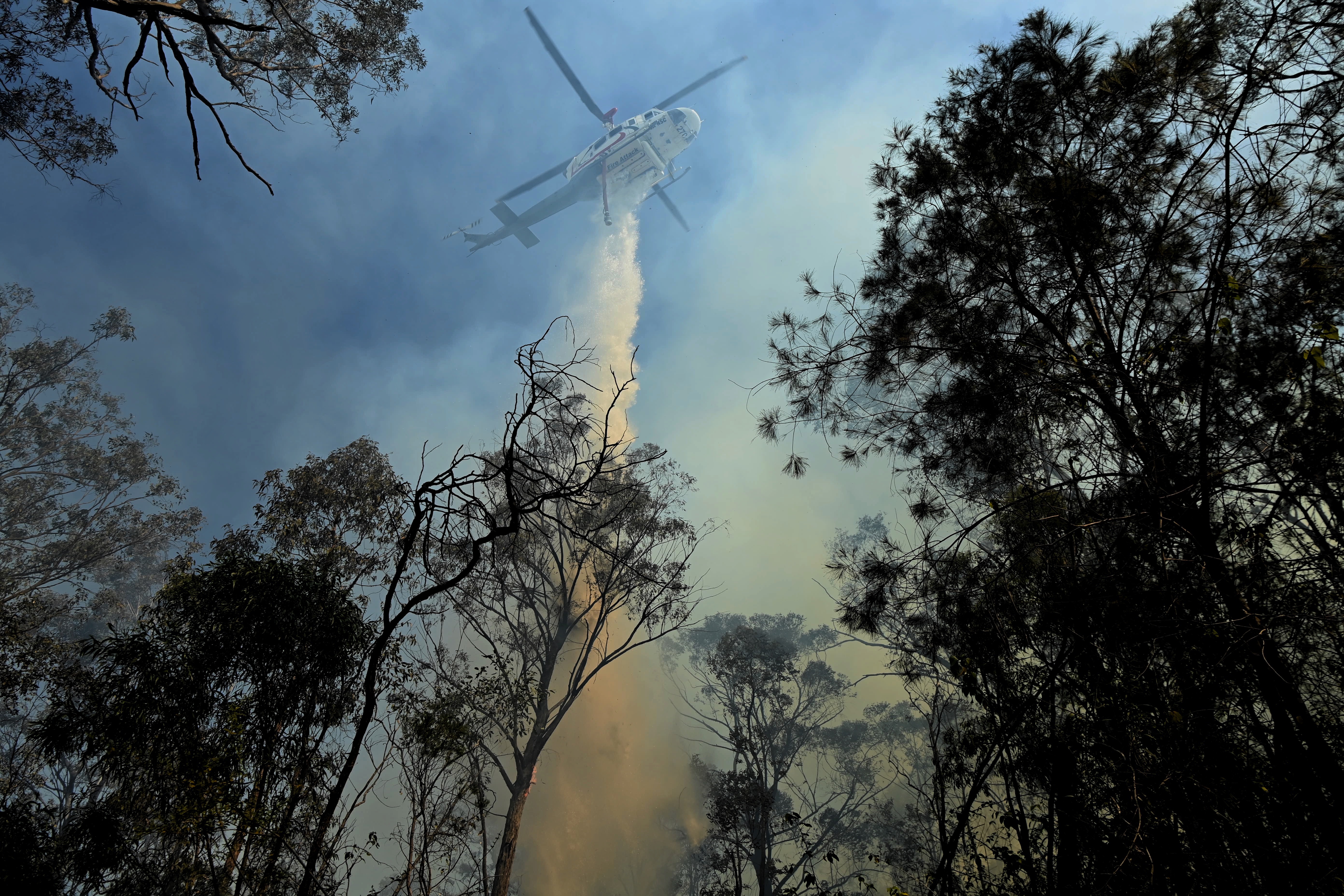 A helicopter dumps water on a bushfire on Silverdale Road in Wallacia