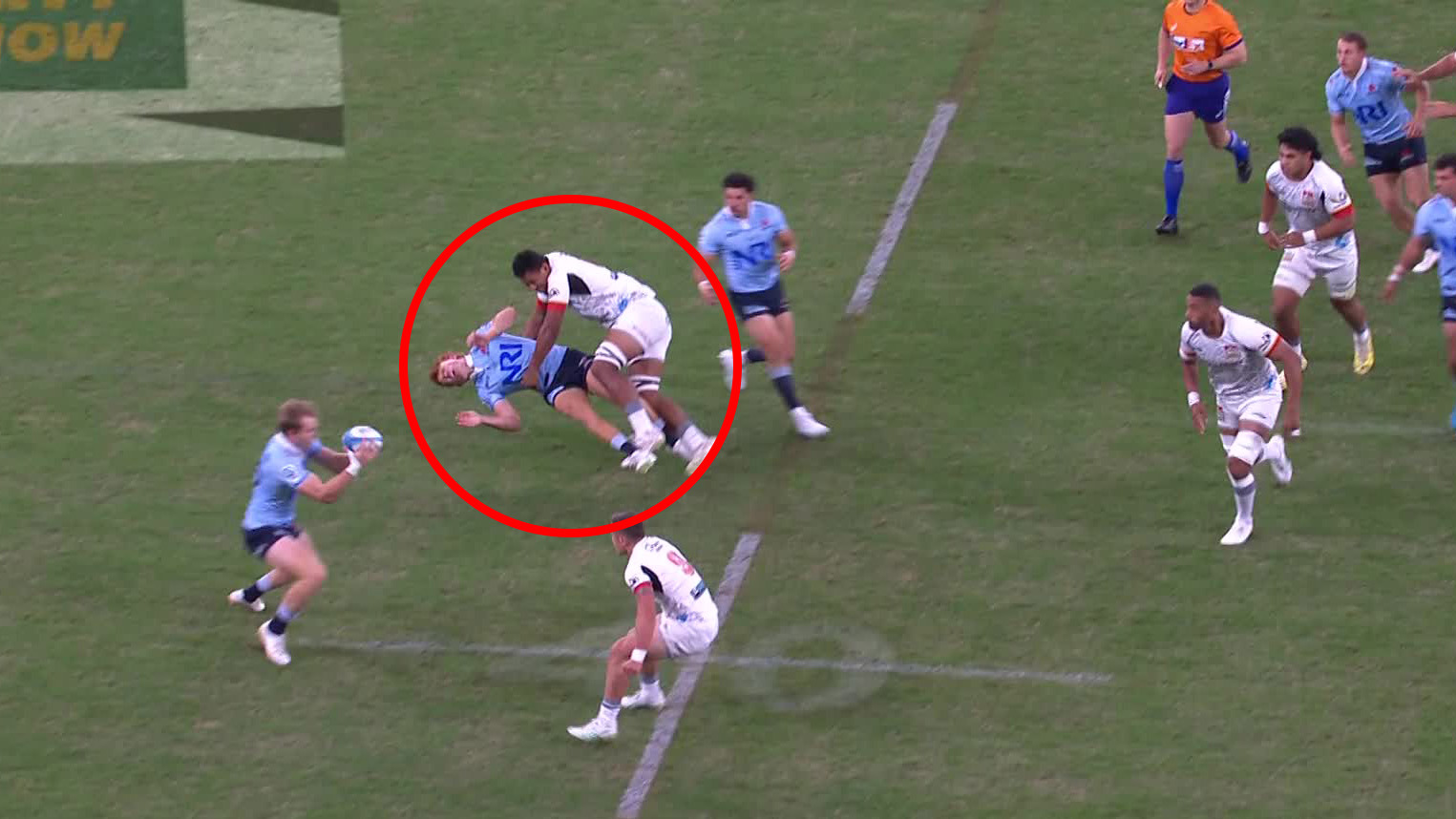 Chiefs star Samipeni Finau floors Waratahs fly-half Tane Edmed at the Sydney Football Stadium.