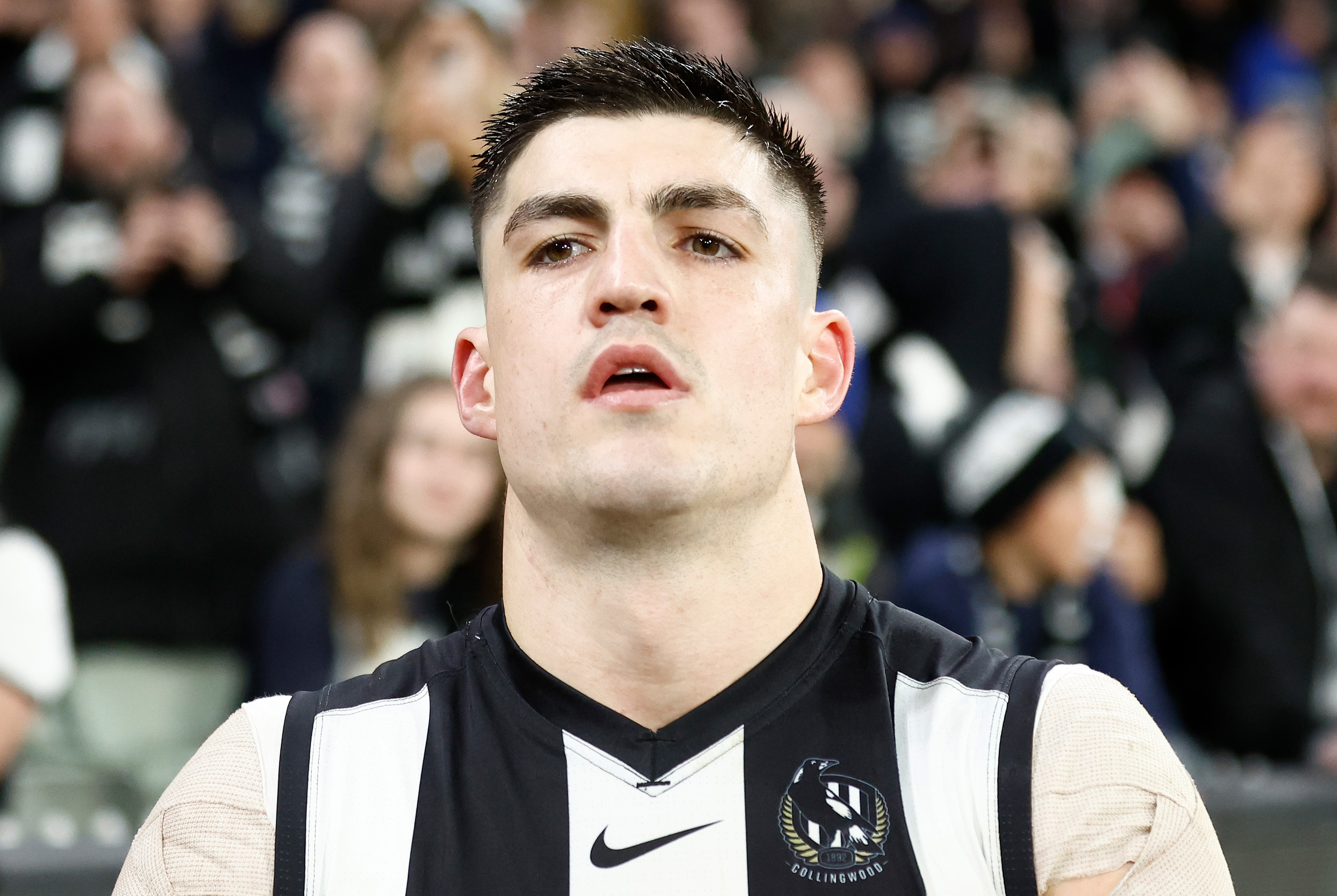 MELBOURNE, AUSTRALIA - SEPTEMBER 07: Brayden Maynard of the Magpies looks on during the 2023 AFL First Qualifying Final match between the Collingwood Magpies and the Melbourne Demons at Melbourne Cricket Ground on September 07, 2023 in Melbourne, Australia. (Photo by Michael Willson/AFL Photos via Getty Images)