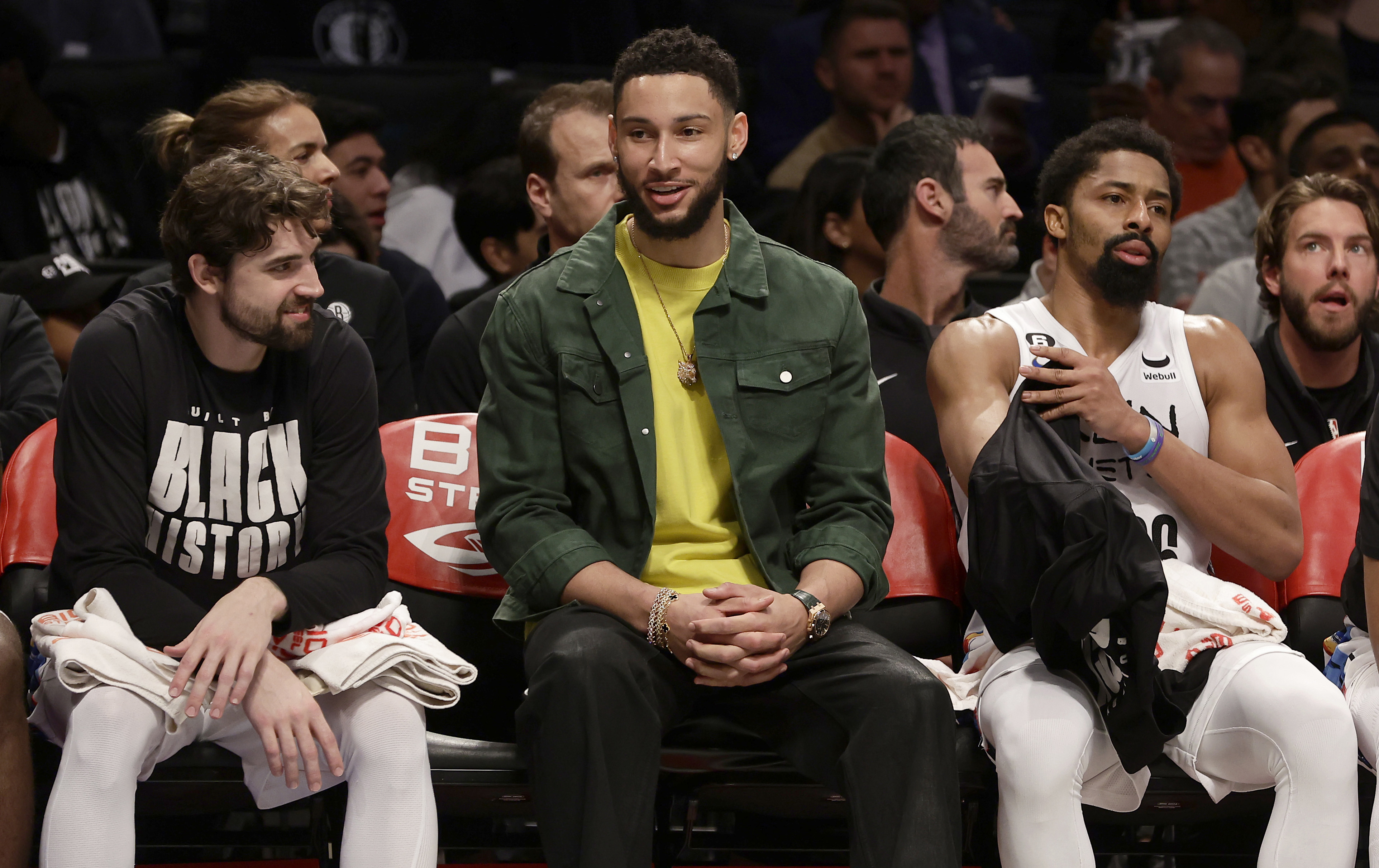 Ben Simmons pictured on the bench in street clothes during the 2022-23 season with the Brooklyn Nets