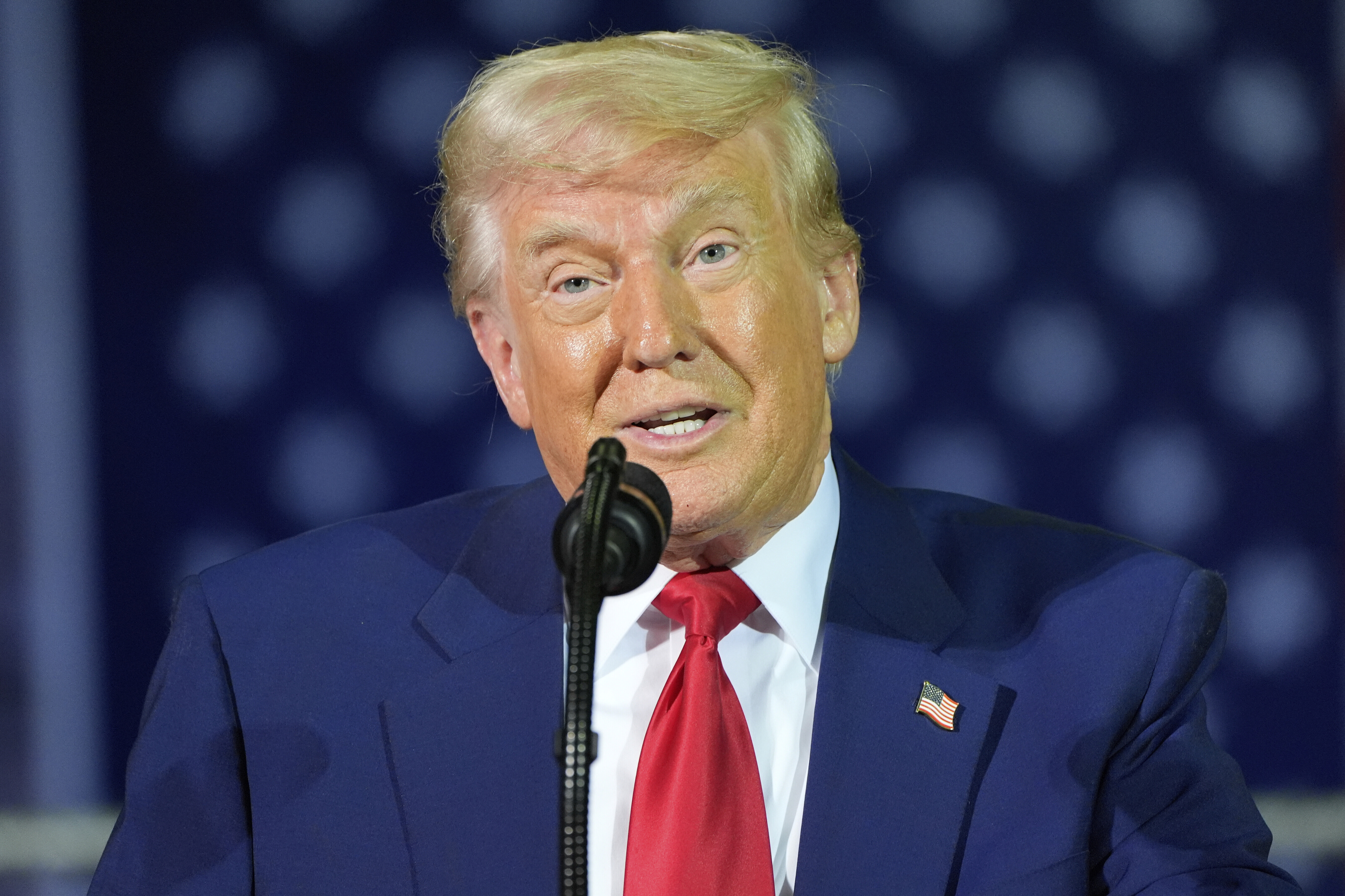 President Donald Trump speaks to members of the Michigan National Guard at Selfridge Air National Guard Base, Tuesday, April 29, 2025, in Harrison Township, Mich. (AP Photo/Alex Brandon)