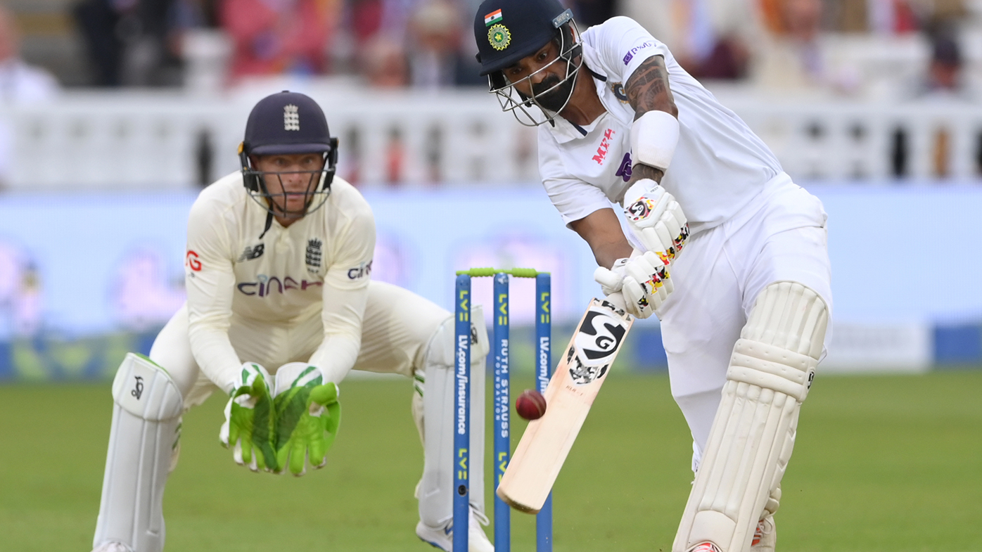 Indian batsman KL Rahul hits a ball from Moeen Ali for 6 runs watched by Jos Buttler during day one of the Second Test Match between England and India at Lord's.