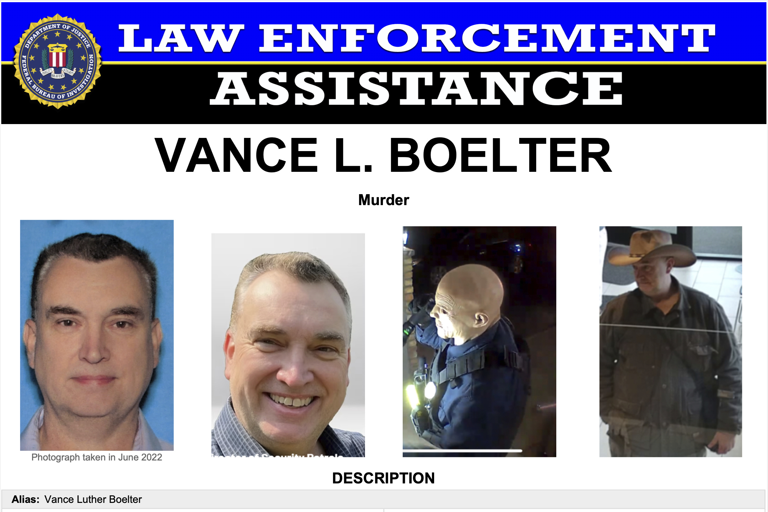 This image provided by the FBI on Saturday, June 14, 2025, shows part of a poster with photos of Vance L. Boelter