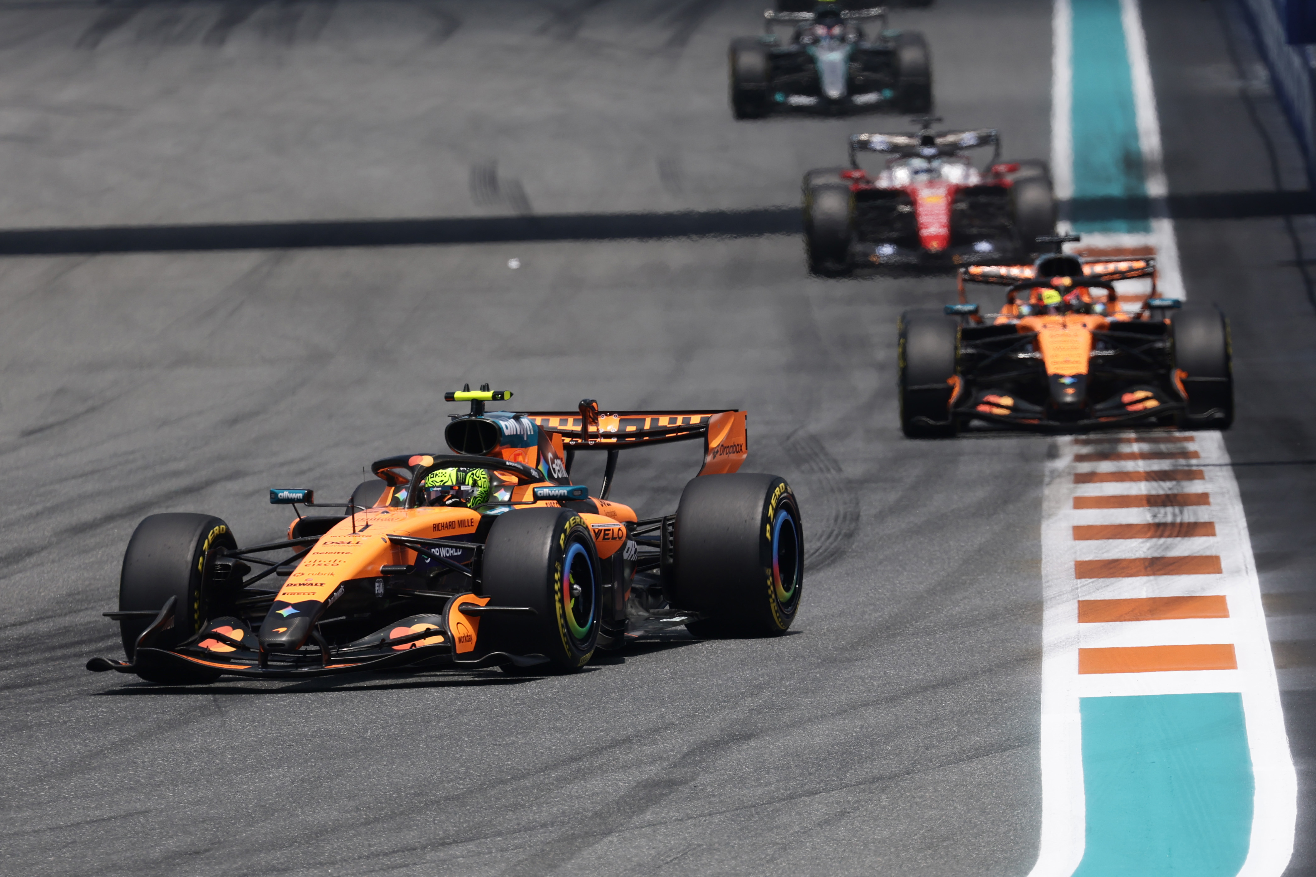 Lando Norris of Great Britain driving the (1) McLaren MCL40 Mercedes leads Oscar Piastri of Australia driving the (81) McLaren MCL40 Mercedes on track during the Sprint ahead of the F1 Grand Prix of Miami at Miami International Autodrome on May 02, 2026 in Miami, Florida. (Photo by Mark Thompson/Getty Images)