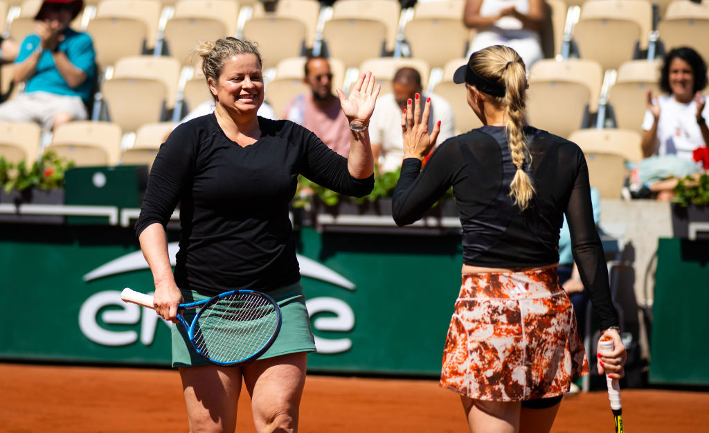 Kim Clijsters and Caroline Wozniacki playing doubles at Roland Garros, 2024.