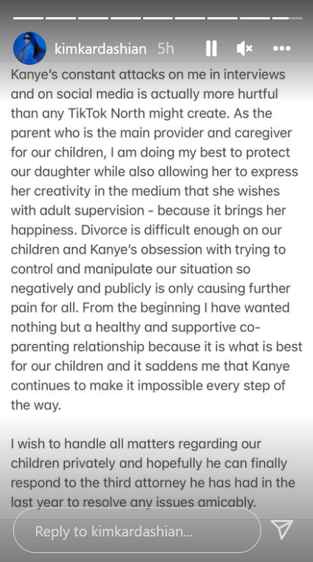 Kim Kardashian lashes out against Kanye West, after rapper criticises her decision to let their daughter North make a TikTok account.
