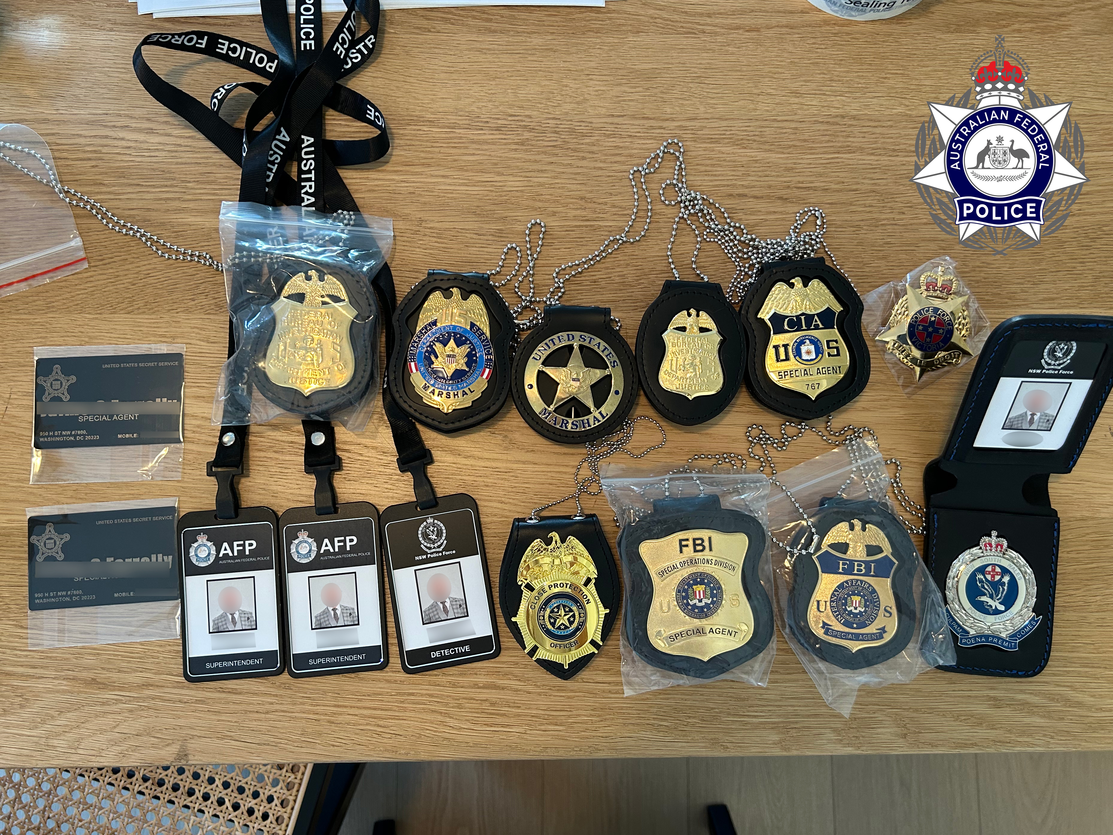 Fake law enforcement badges and identification were seized.