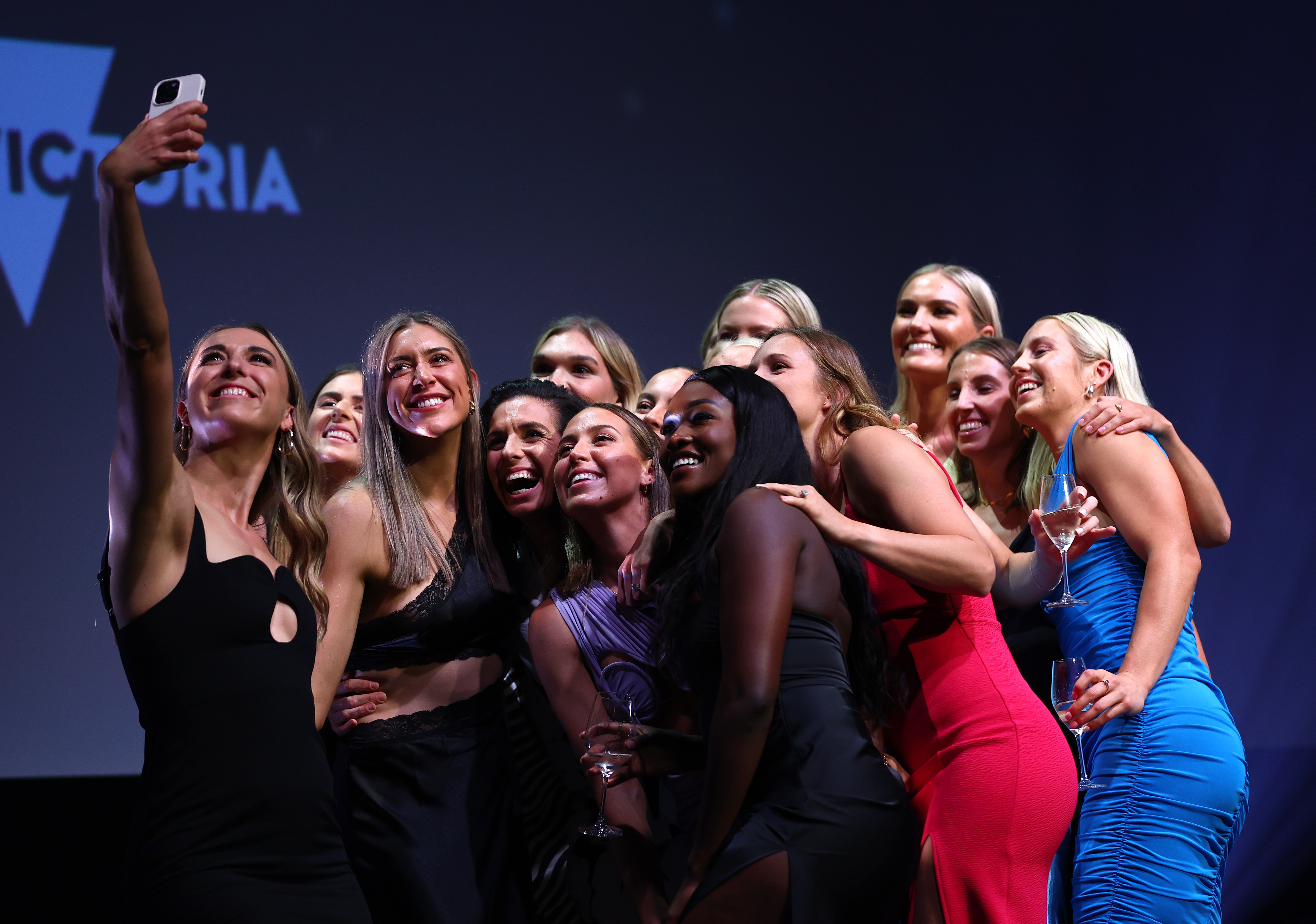 The 2023 World Cup Diamonds squad take a selfie during the 2023 Australian Netball Awards.