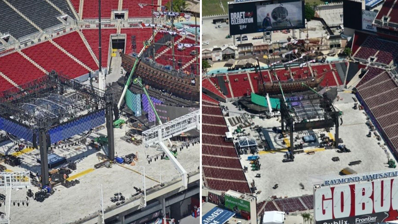 The set for WrestleMania 37 being built at Raymond James Stadium, Tampa, Florida, United States