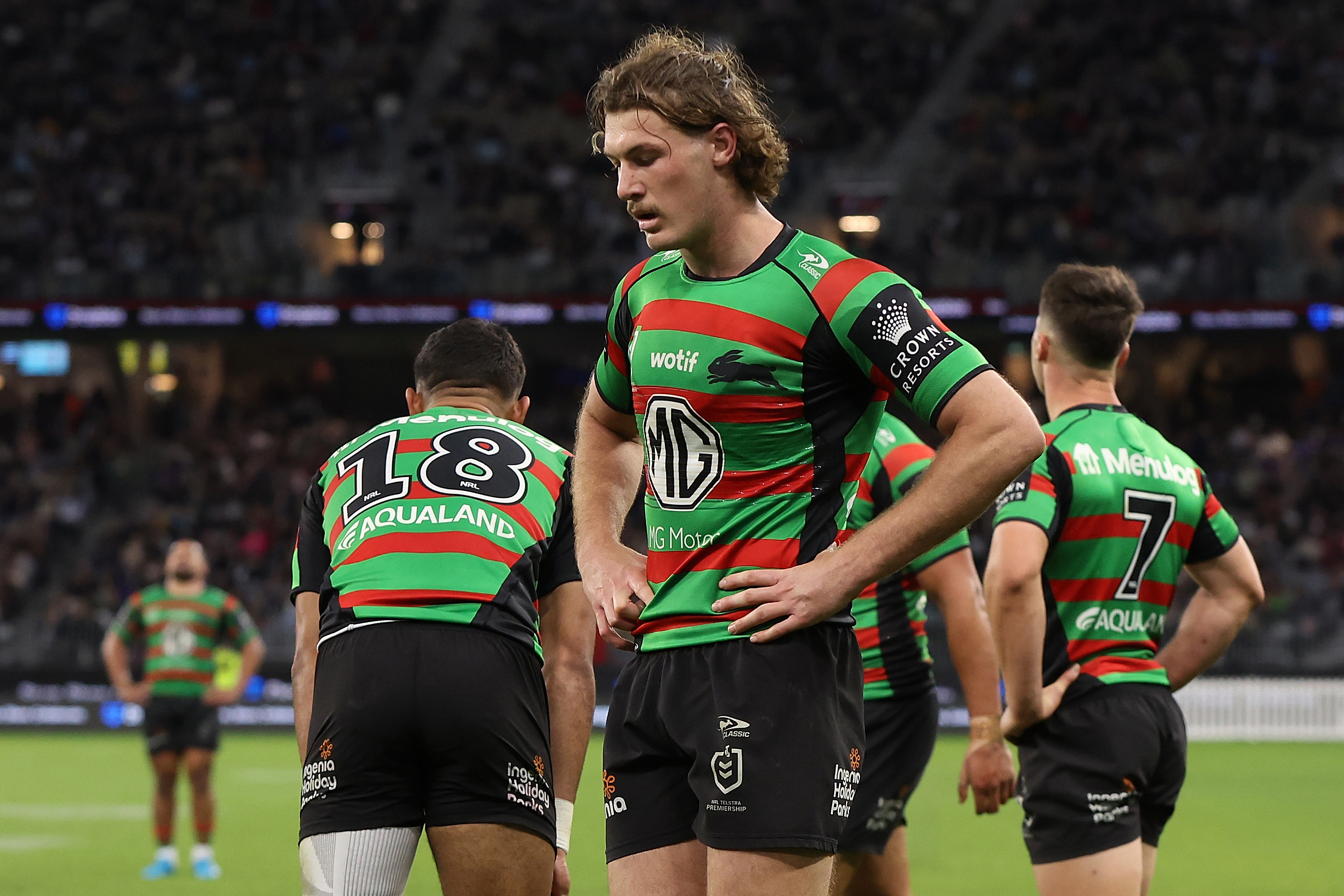 Campbell Graham of the Rabbitohs looks on after a Sharks try during the round 23 NRL match between South Sydney Rabbitohs and Cronulla Sharks at Optus Stadium on August 05, 2023 in Perth, Australia. (Photo by Paul Kane/Getty Images)