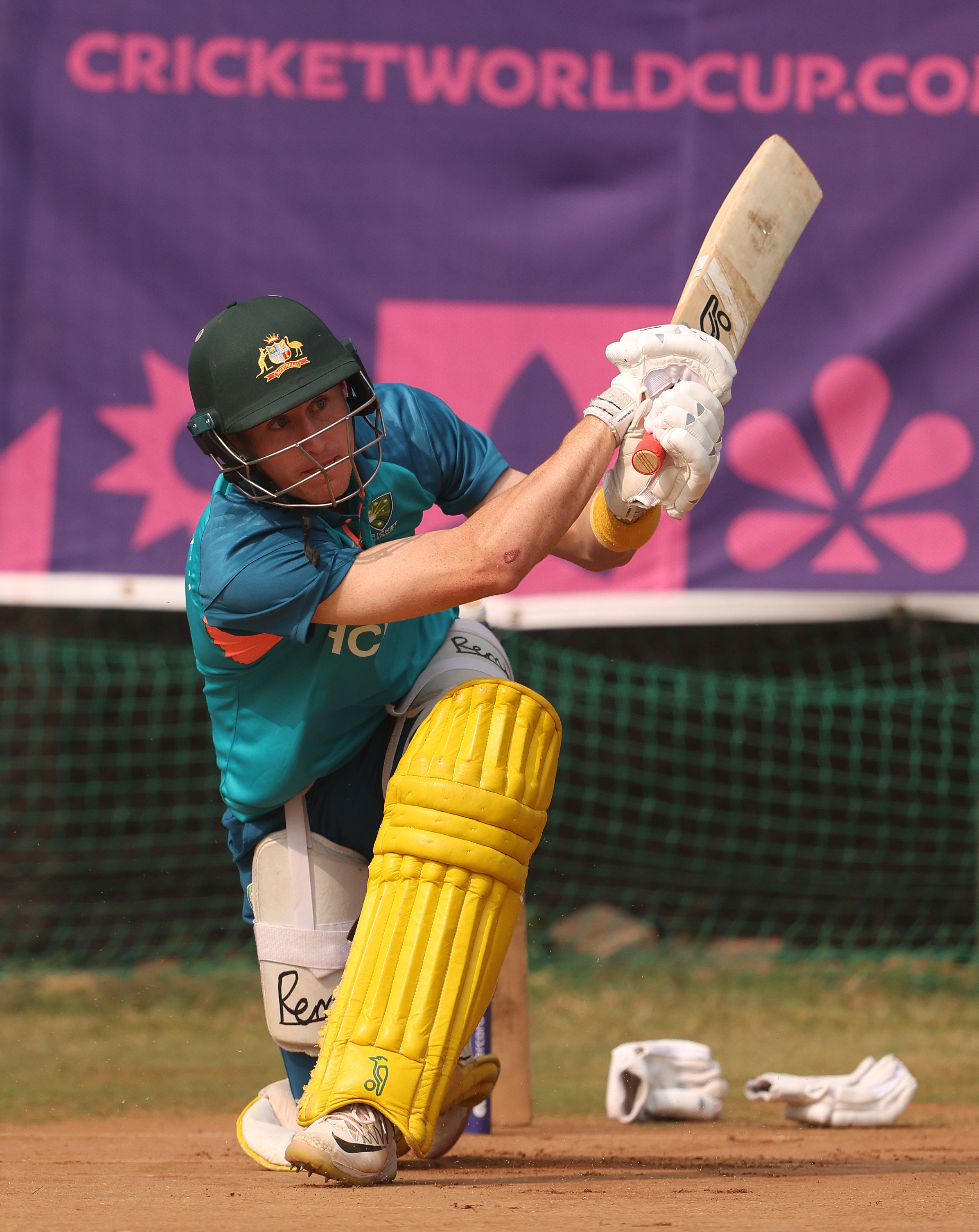 Marnus Labuschagne batting in the nets before the Cricket World Cup final.