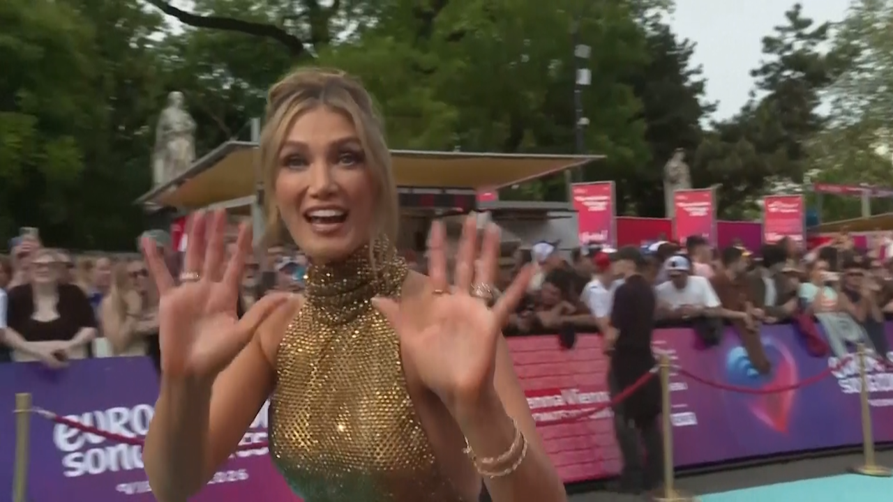 Delta Goodrem representing Australia attends the Turquoise Carpet of the 70th Eurovision Song Contest Opening Ceremony at Rathausplatz on May 10, 2026 in Vienna, Austria. Eurovision 2026
