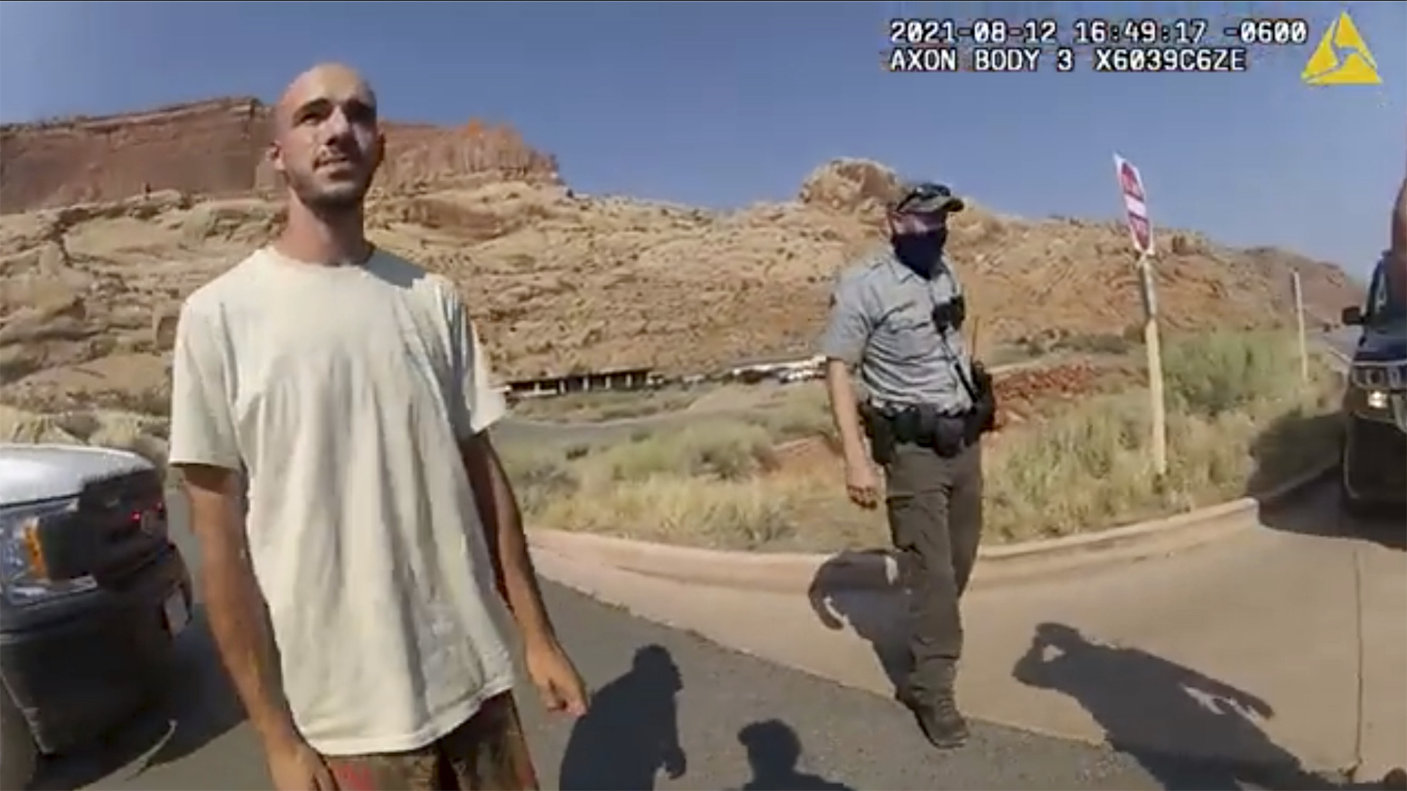 This police camera video provided by The Moab Police Department shows Brian Laundrie talking to a police officer after police pulled over the van he was traveling in with Gabby Petito, near the entrance to Arches National Park on August 12, 2021.