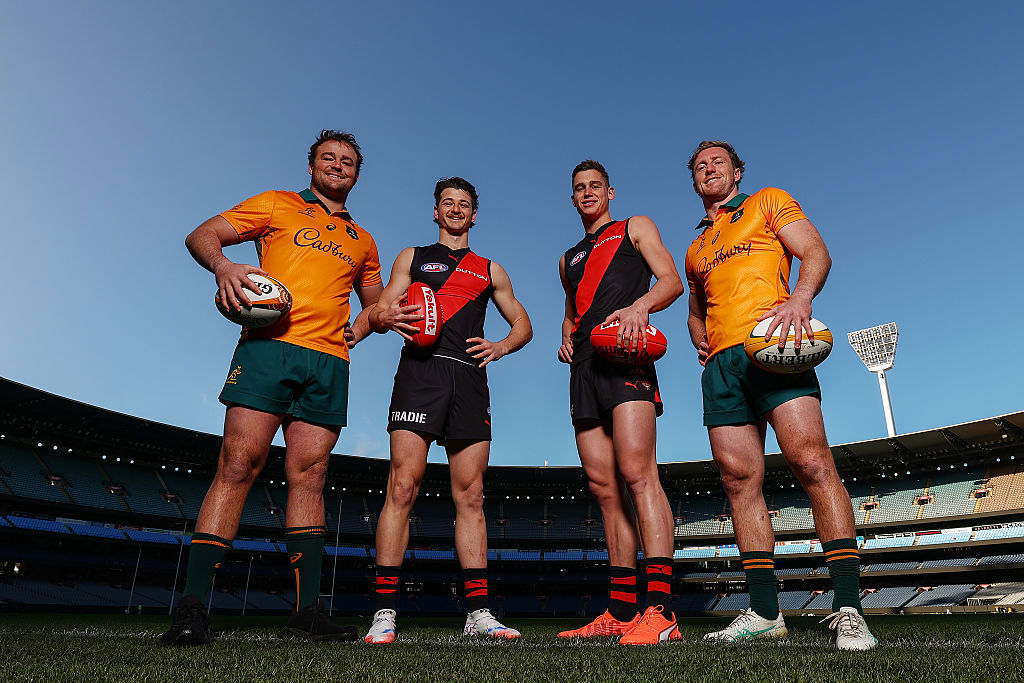 Wallabies Harry Wilson and Harry Potter with Bombers Jaxon Prior and Archer May at the MCG.