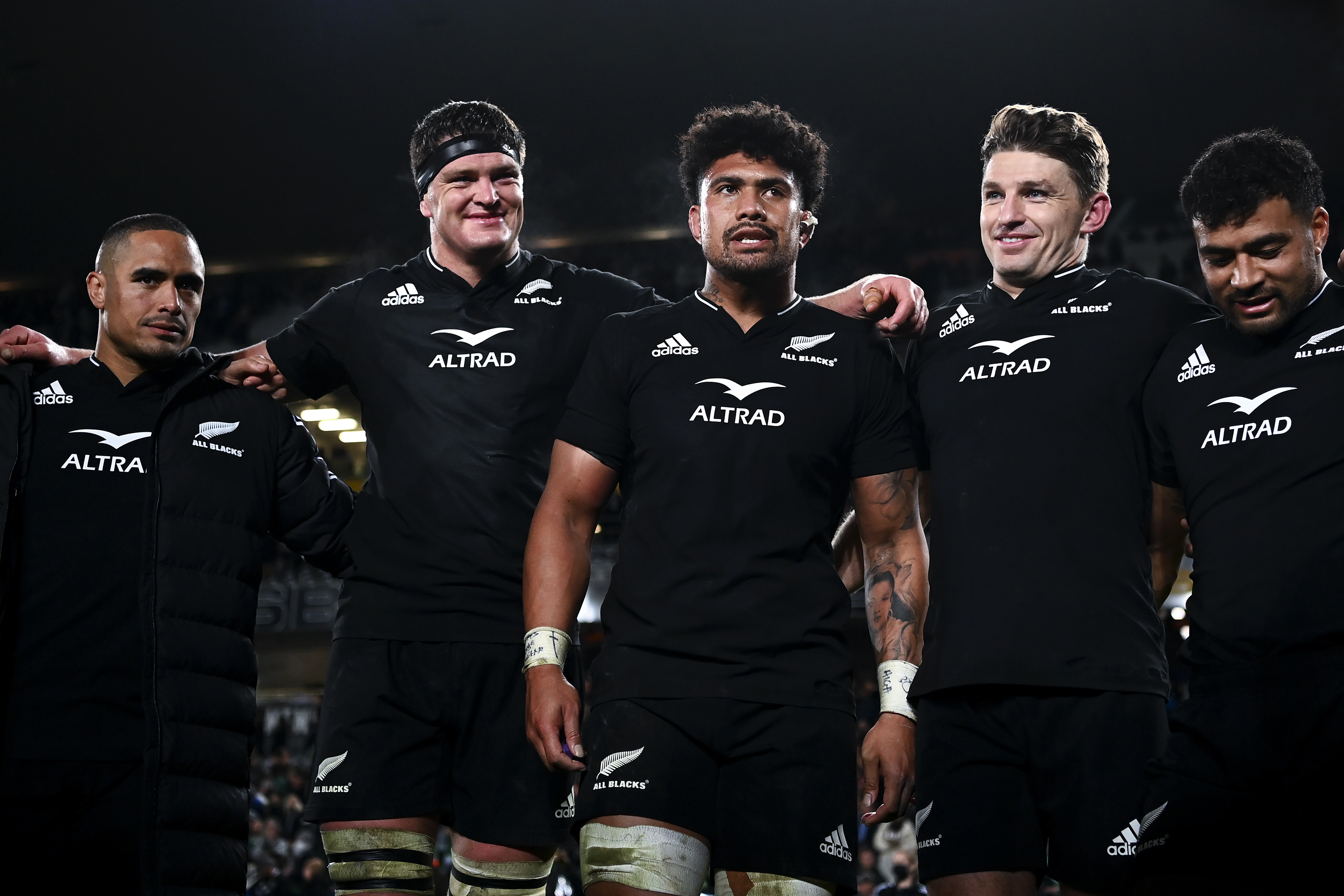 All Blacks players in a huddle during a 2022 clash with Ireland at Eden Park.