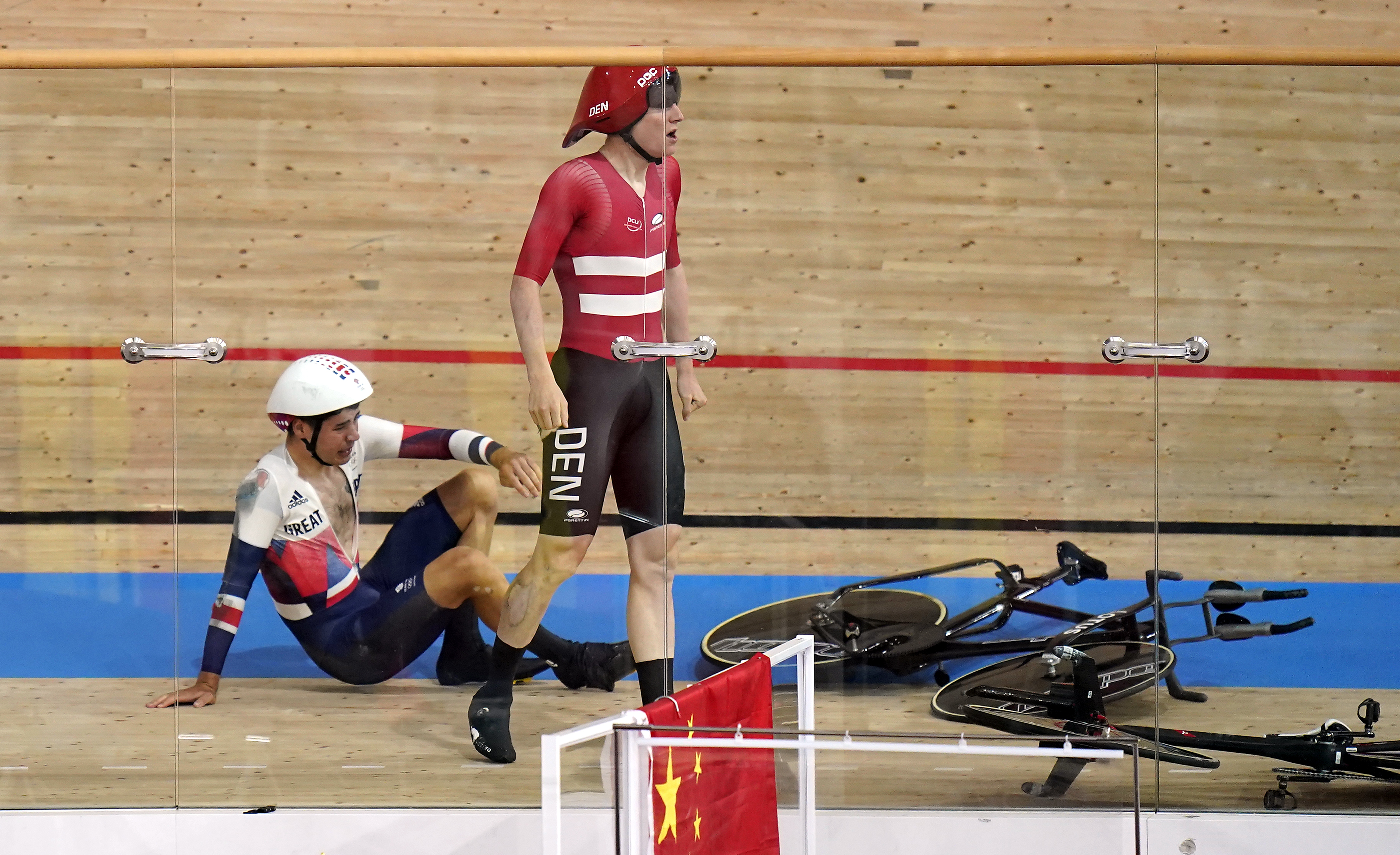 Great Britain's Charlie Tanfield and Denmark's Frederik Madsen after their crash.