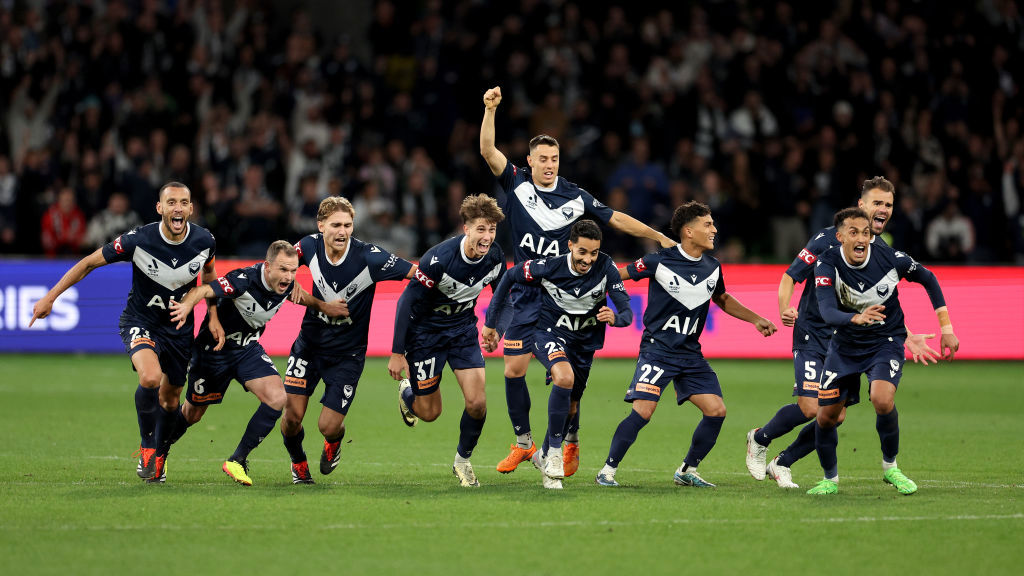 Melbourne Victory celebrate their win over Melbourne City.