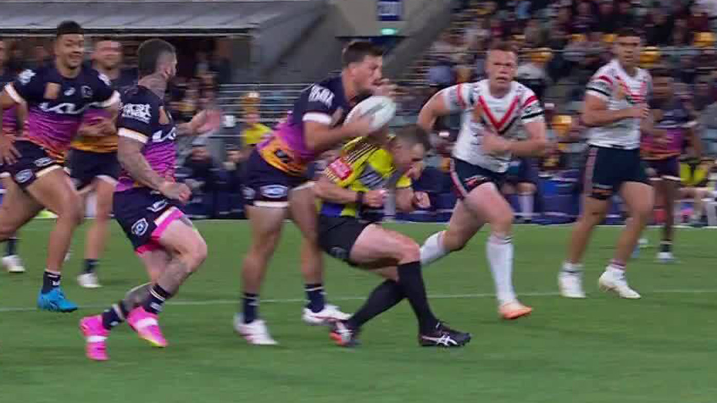 Tyson Smoothy ran into referee Grant Atkins, denying him his first NRL try.