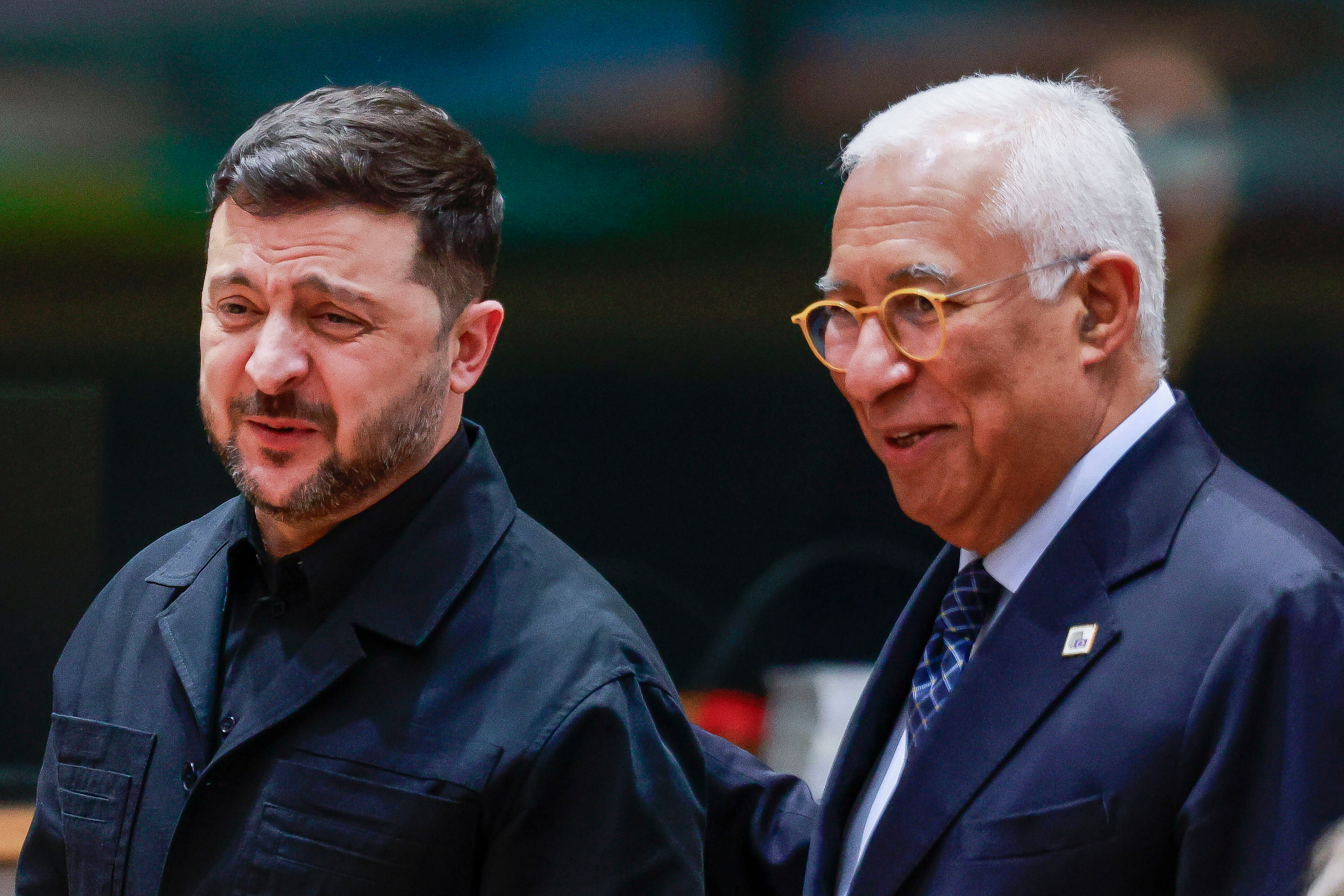 European Council President Antonio Costa, right, walks with Ukraine's President Volodymyr Zelenskyy