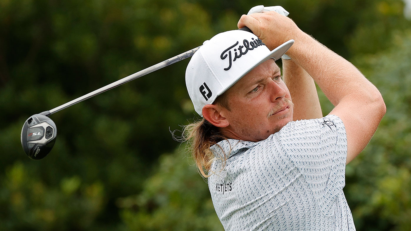 Cameron Smith of Australia plays his shot from the third tee during the third round of THE NORTHERN TRUST, the first event of the FedExCup Playoffs, at Liberty National Golf Club on August 21, 2021 in Jersey City, New Jersey. (Photo by Sarah Stier/Getty Images)
