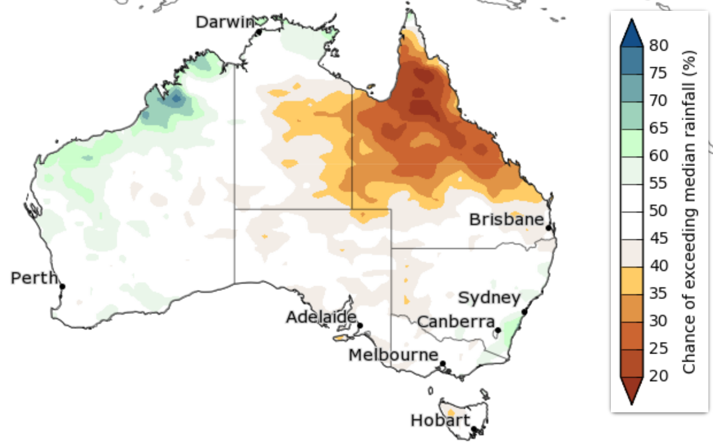 A weather map of Australia showing different parts of the country's chances of recording median rainfall for autumn.