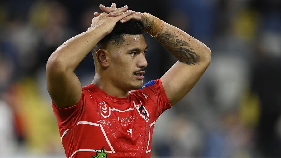 TOWNSVILLE, AUSTRALIA - JUNE 10:  Talatau Amone of the Dragons  looks dejected after losing the round 14 NRL match between the North Queensland Cowboys and the St George Illawarra Dragons at Qld Country Bank Stadium, on June 10, 2022, in Townsville, Australia. (Photo by Ian Hitchcock/Getty Images)