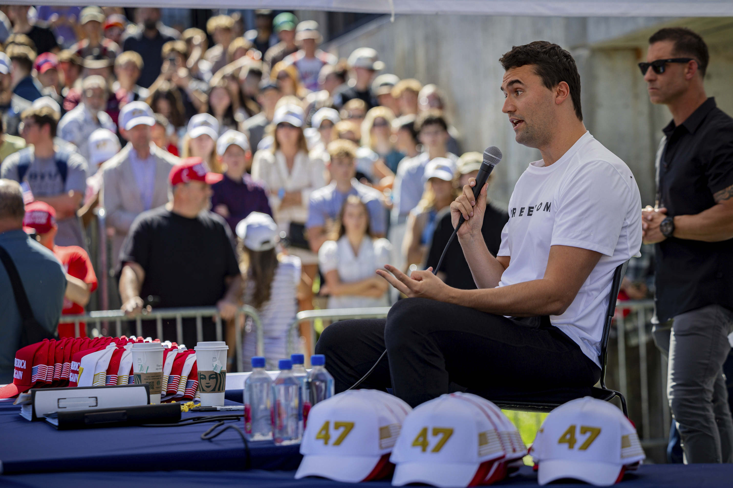 Charlie Kirk speaks before he is shot during Turning Point's visit to Utah Valley University in Orem, Utah, Wednesday, Sept. 10, 2025. (Tess Crowley/The Deseret News via AP)