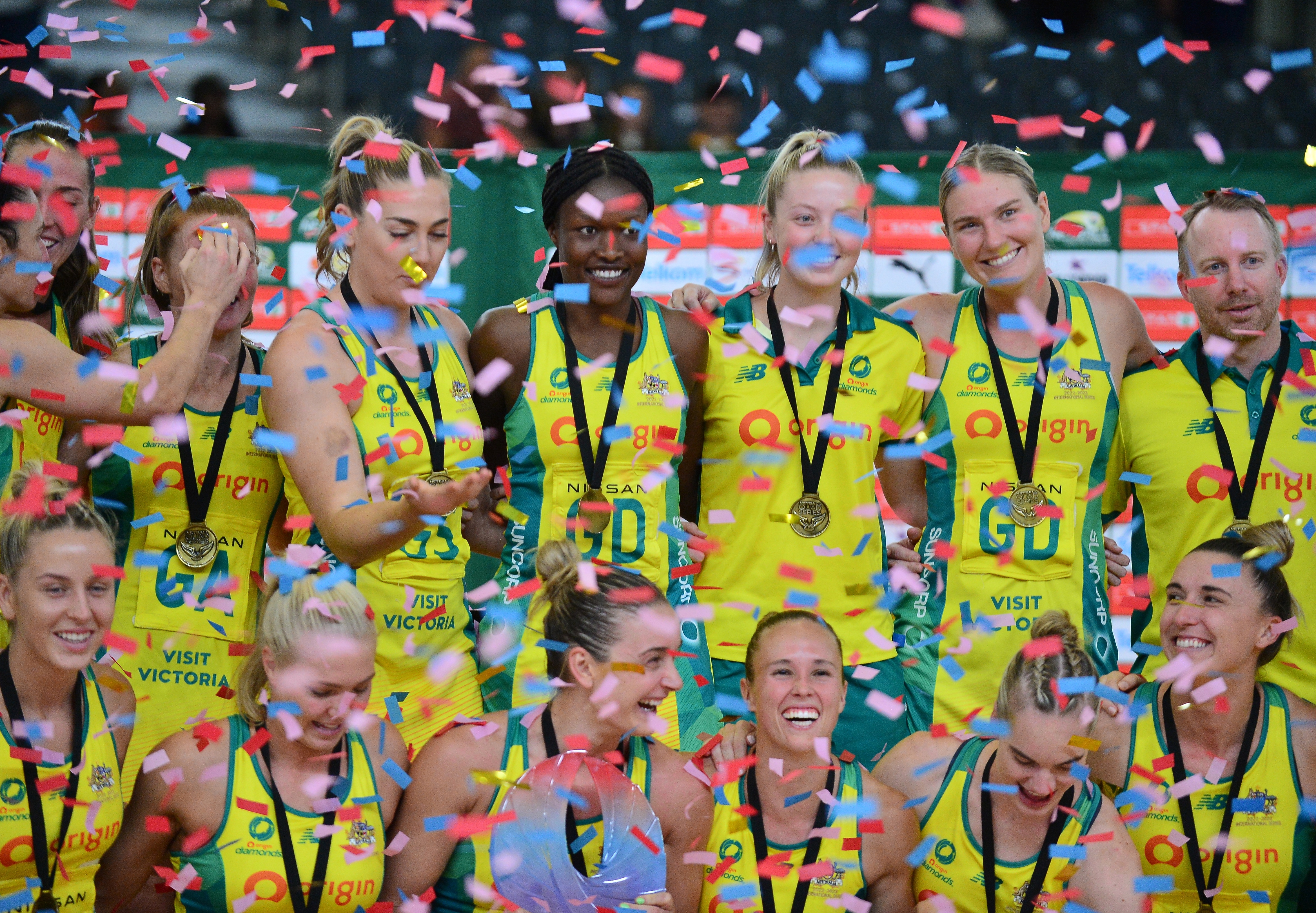 Liz Watson (Captain) of Australia with the trophy as Team Australia celebrates winning during the post match presentation after the Netball Quad Series final match between Australia and New Zealand at Cape Town International Convention Centre on January 25, 2023 in Cape Town, South Africa. (Photo by Grant Pitcher/Gallo Images/Getty Images)