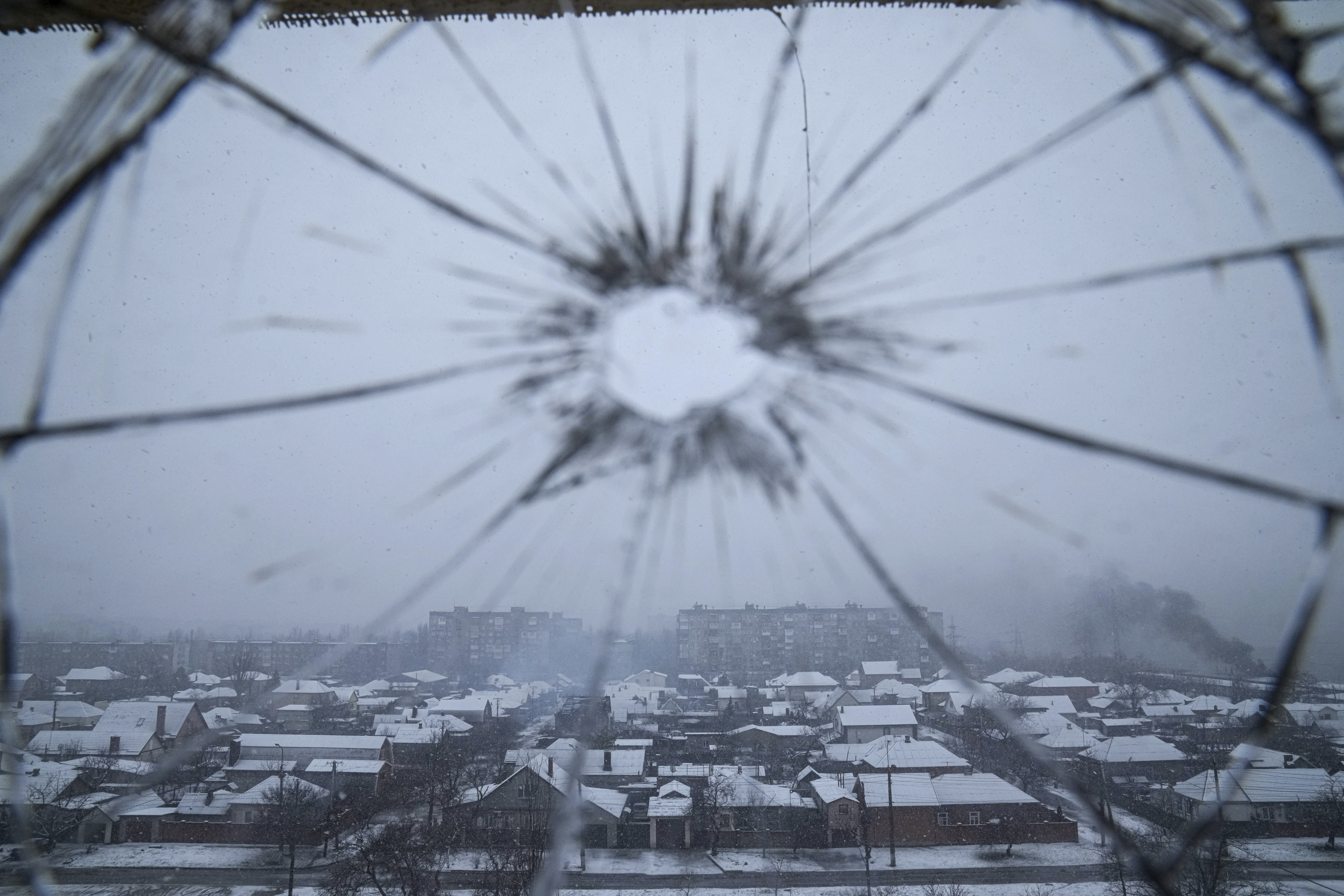 A view from a hospital window broken by shelling in Mariupol, Ukraine, Thursday, March 3, 2022. 