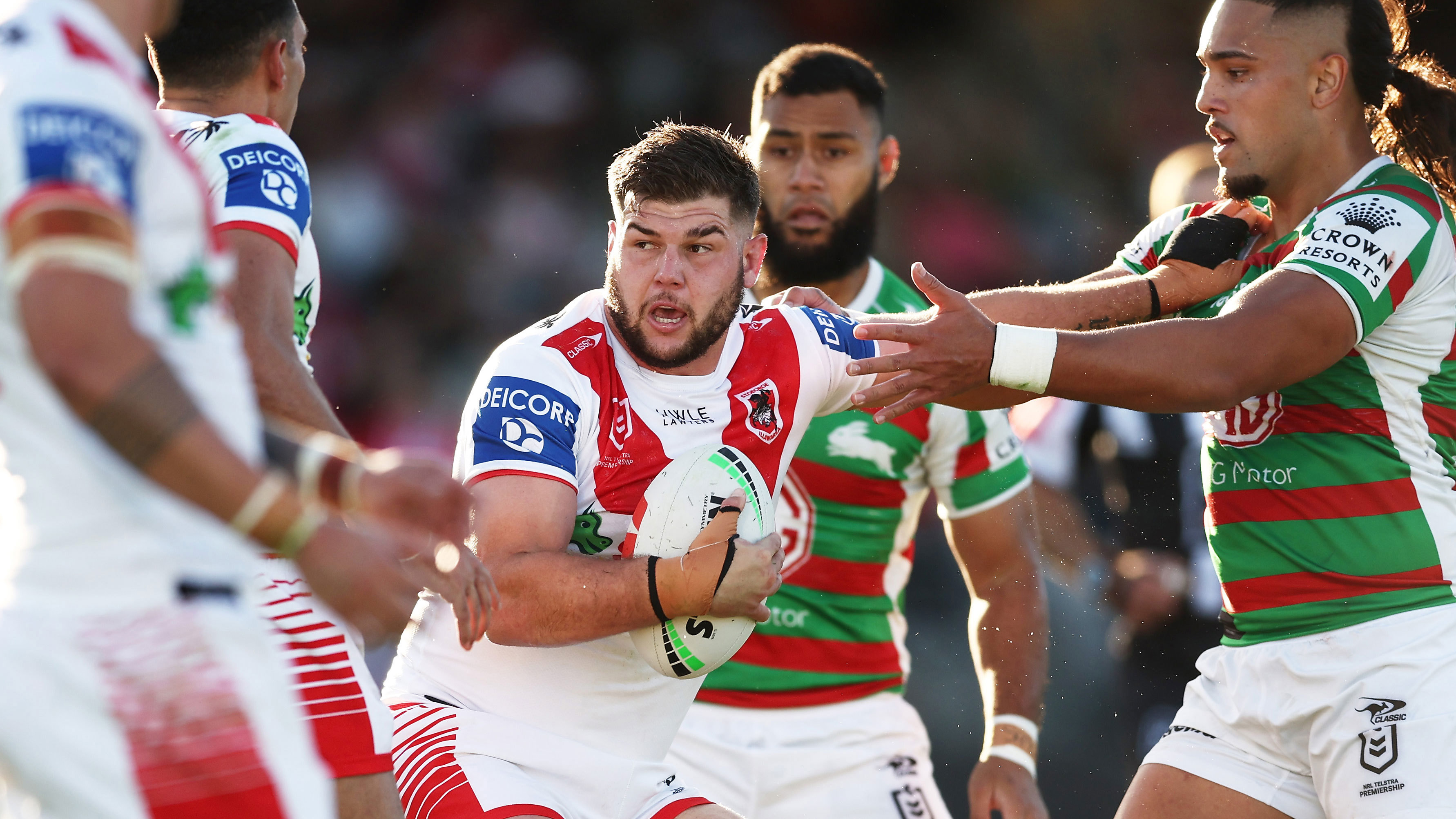 Blake Lawrie is tackled during the round 15 match between St George Illawarra Dragons and South Sydney Rabbitohs at Netstrata Jubilee Stadium on June 10, 2023 in Sydney, Australia. 