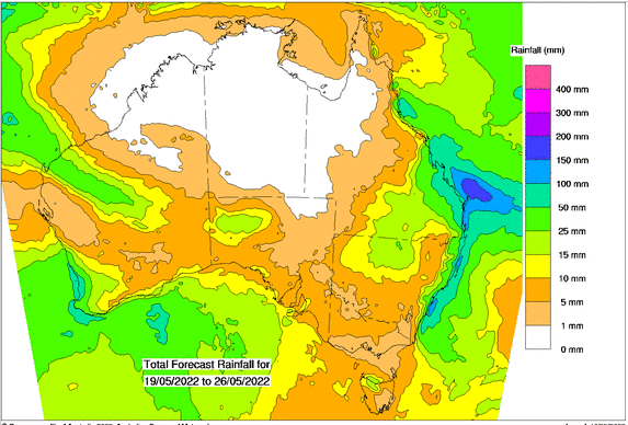 Rainfall forecast from the 19th to the 26 of May shows parts of Queensland and NSW could receive more heavy rainfall.