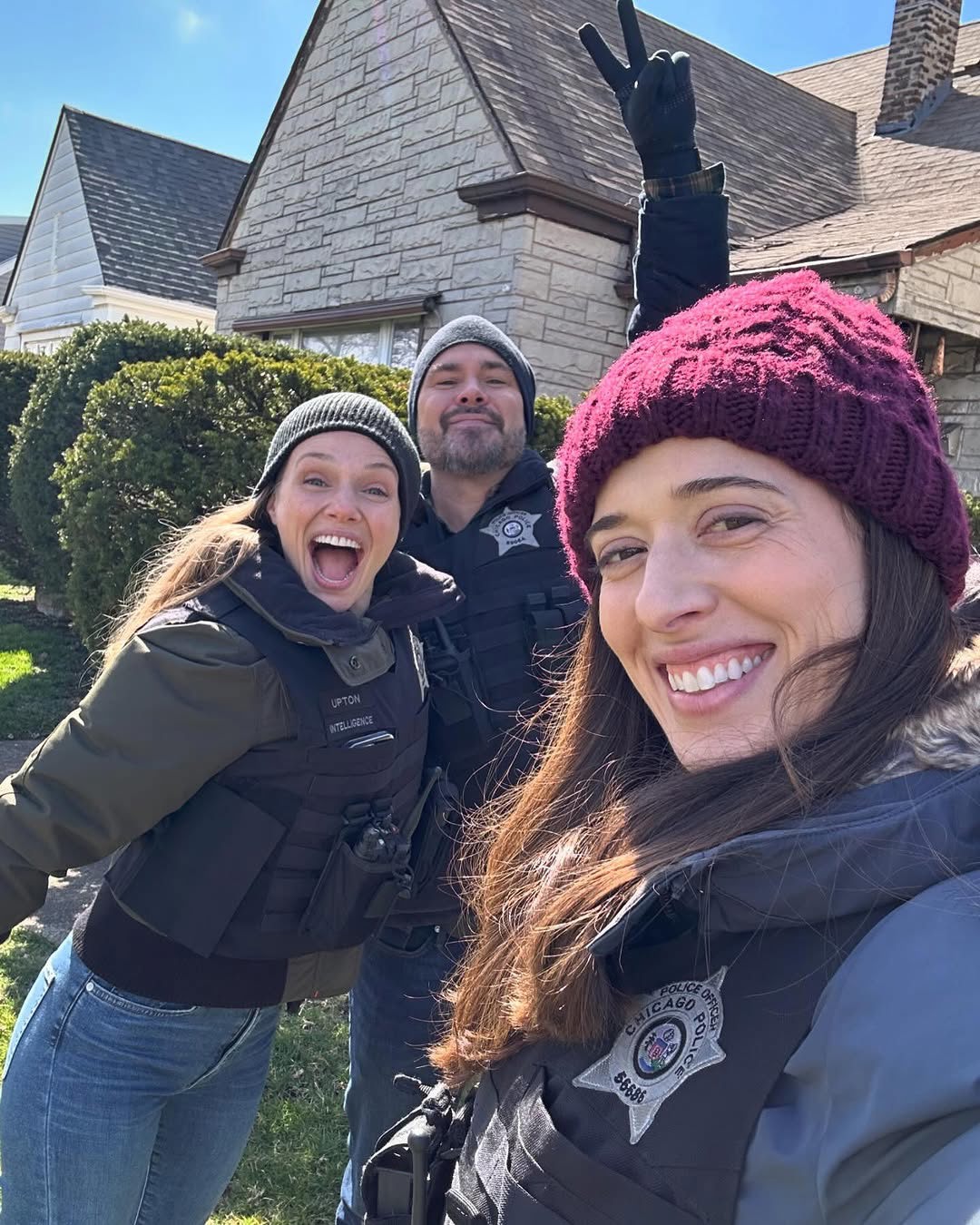 Marina Squerciati with her Chicago P.D. co-stars Tracy Spiridakos and Patrick Flueger