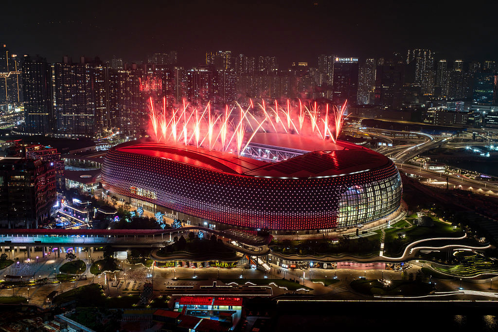 Fireworks are set off after the Hong Kong Sevens at Kai Tak Stadium.