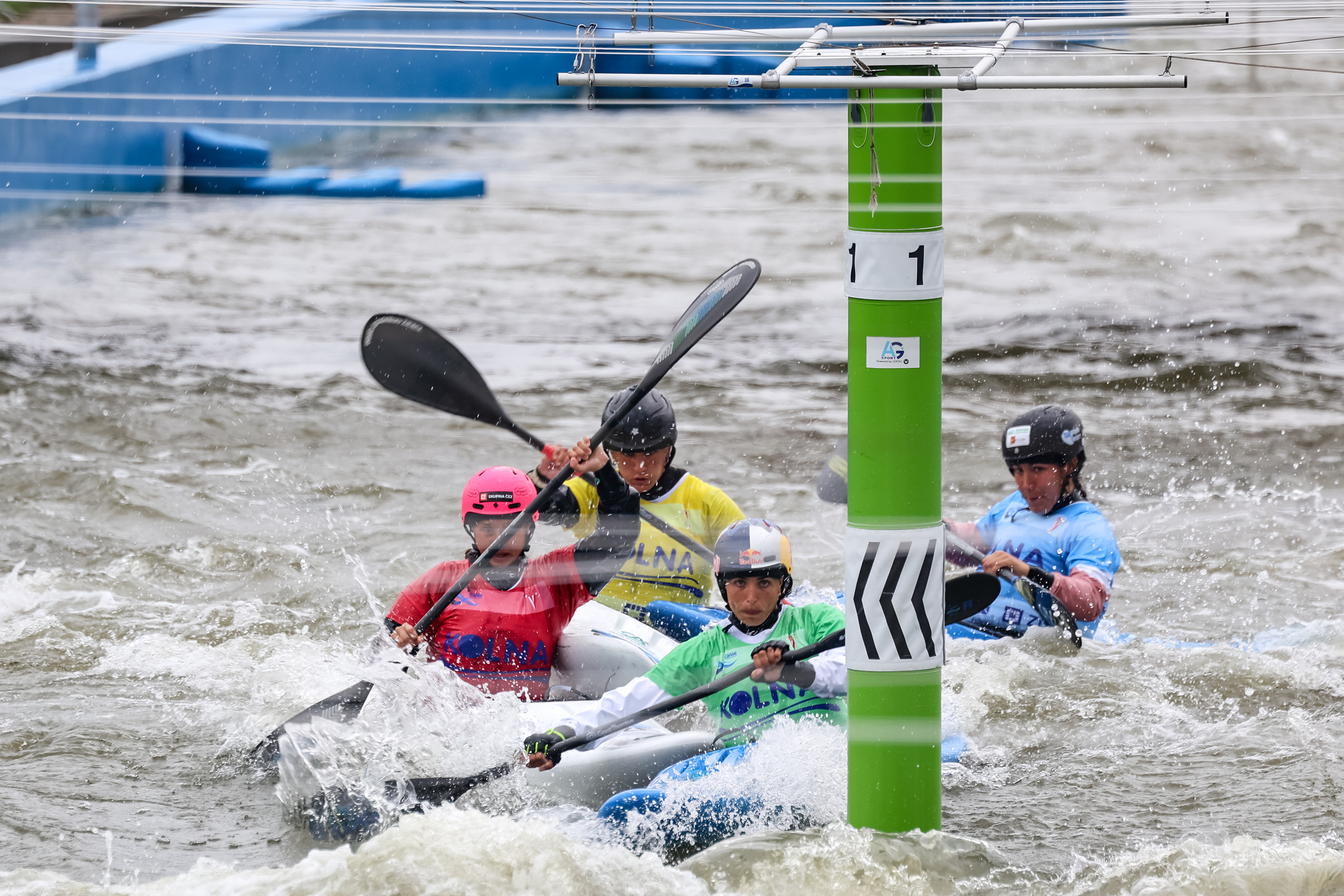 Jessica Fox of Australia, Katerina Bekova of Czech Republic, Coline Charel of France and Miren Lazkano of Spain compete in Women Kayak Cross SemiFinals of ICF Canoe Slalom World Cup Krakow 2024 on Kolna Sport Centre course on June 16, 2024 in Krakow. Poland. (Photo by Dominika Zarzycka/NurPhoto)