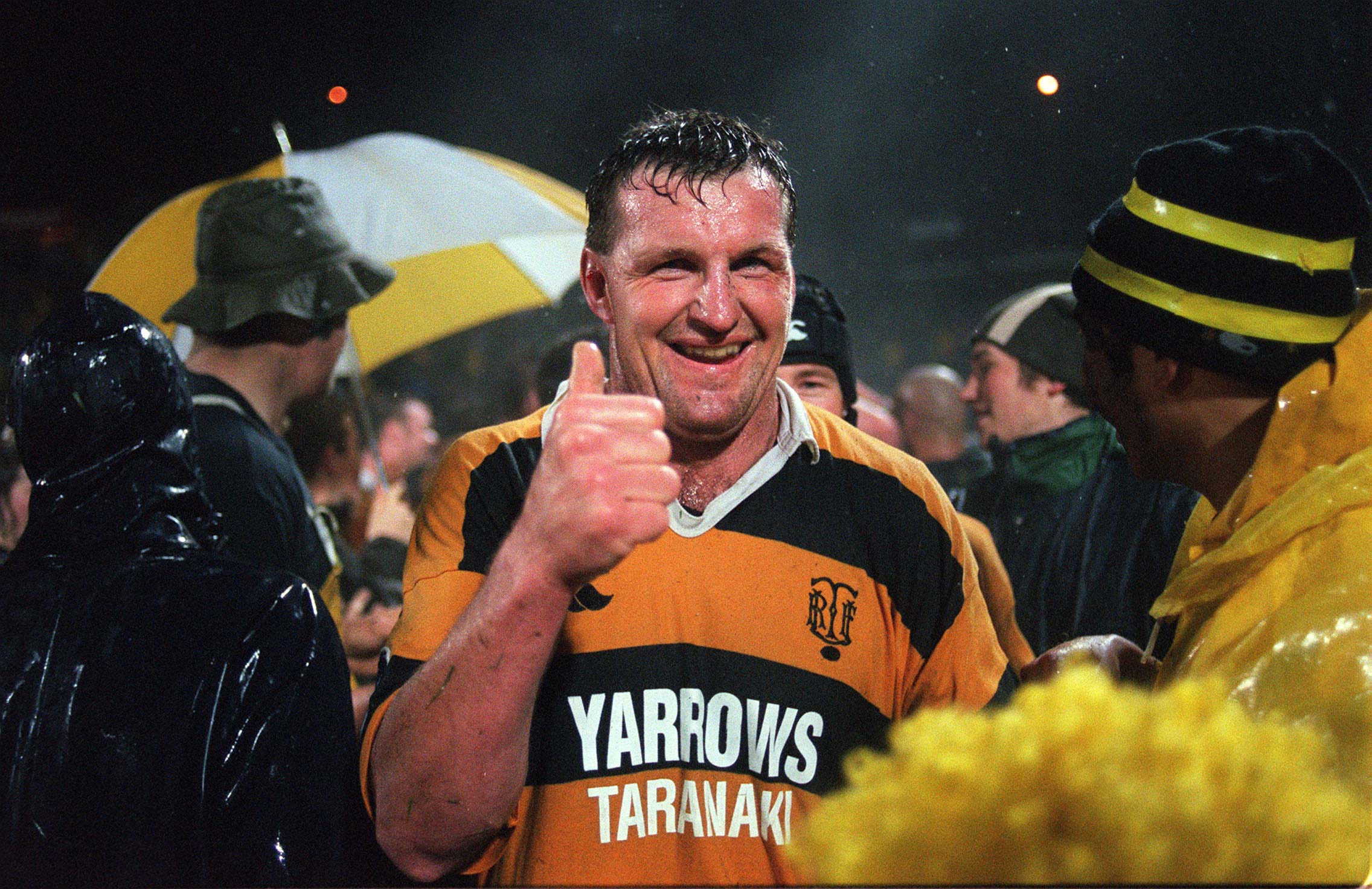 Taranaki lock Kevin Barrett celebrates a win against Waikato.