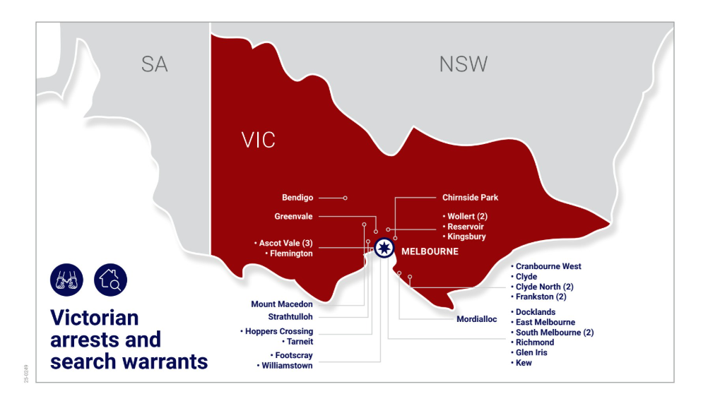 A breakdown of the arrests and search warrants from the investigations in Victoria.