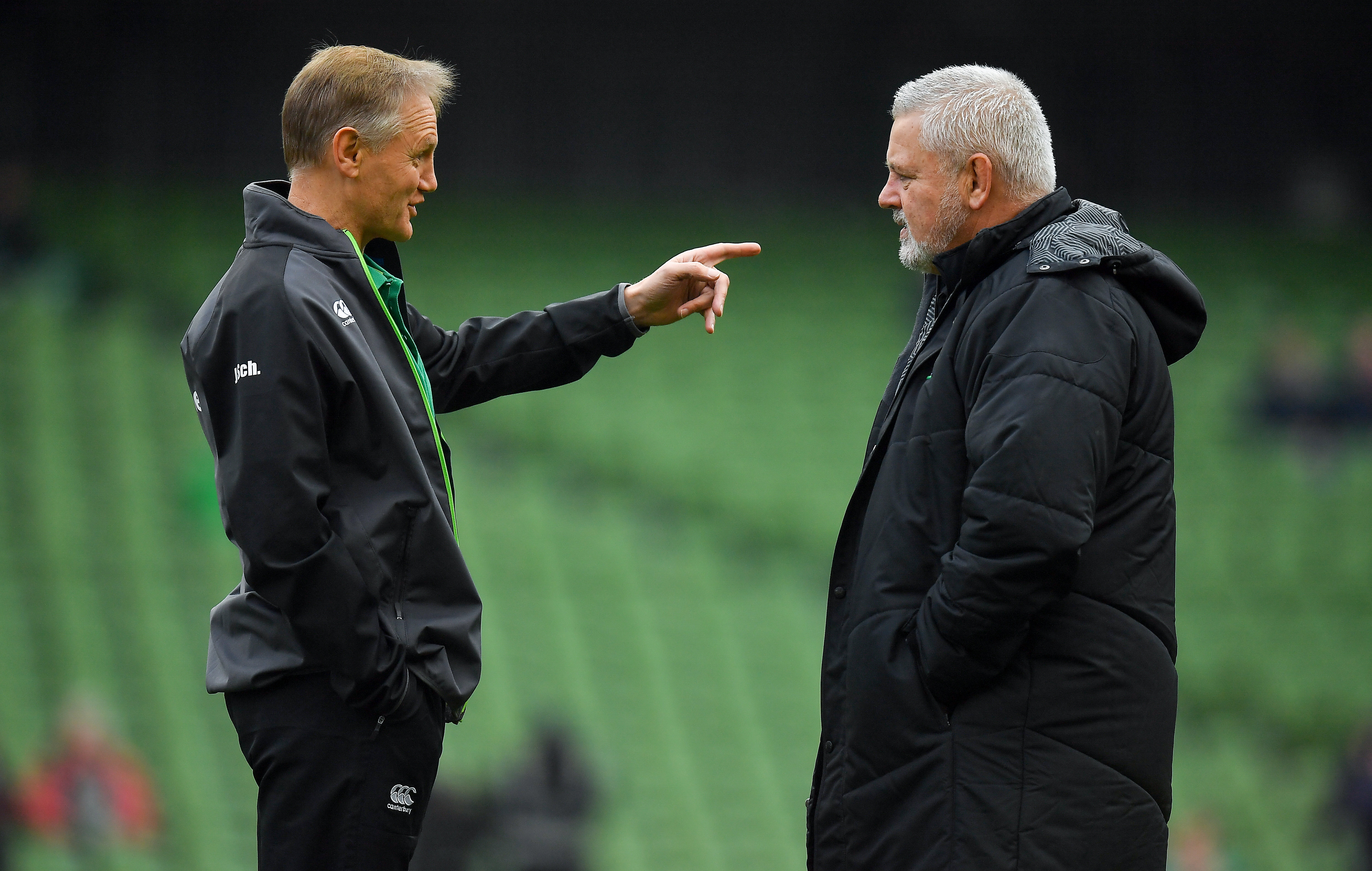 Ireland coach Joe Schmidt and Wales coach Warren Gatland at the  Aviva Stadium in Dublin.