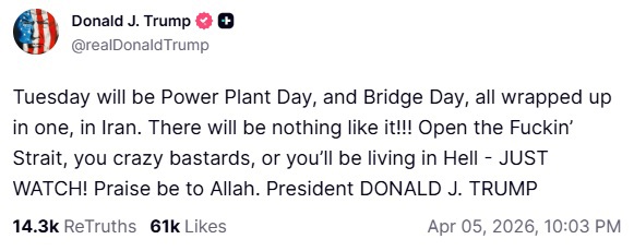 Donald Trump's post about Iran posted on Truth Social on April 5, 2026.