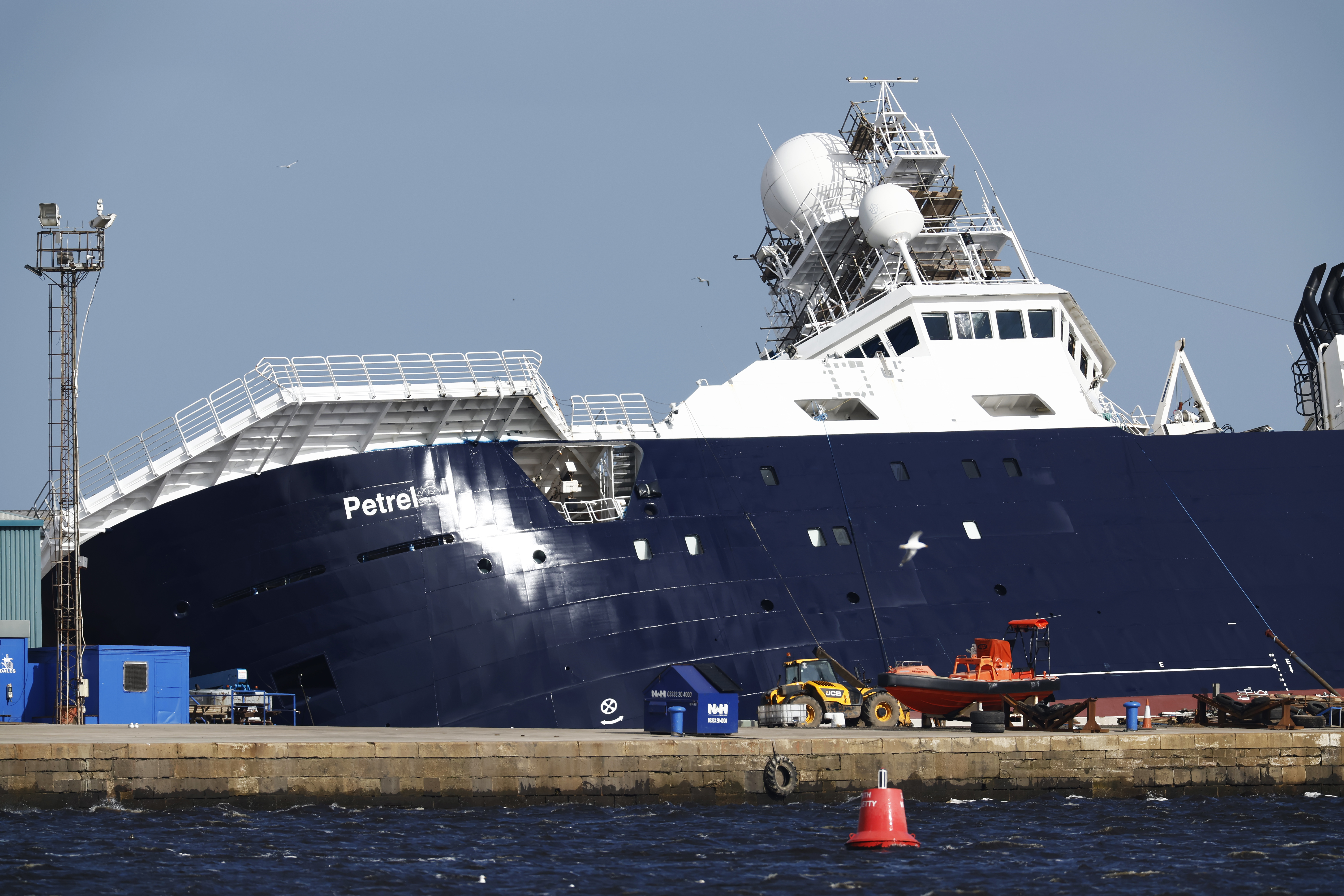 A ship tipped over at a 45-degree angle in the Imperial Dock area in Leith on March 22, 2023 in Leith, Scotland.  