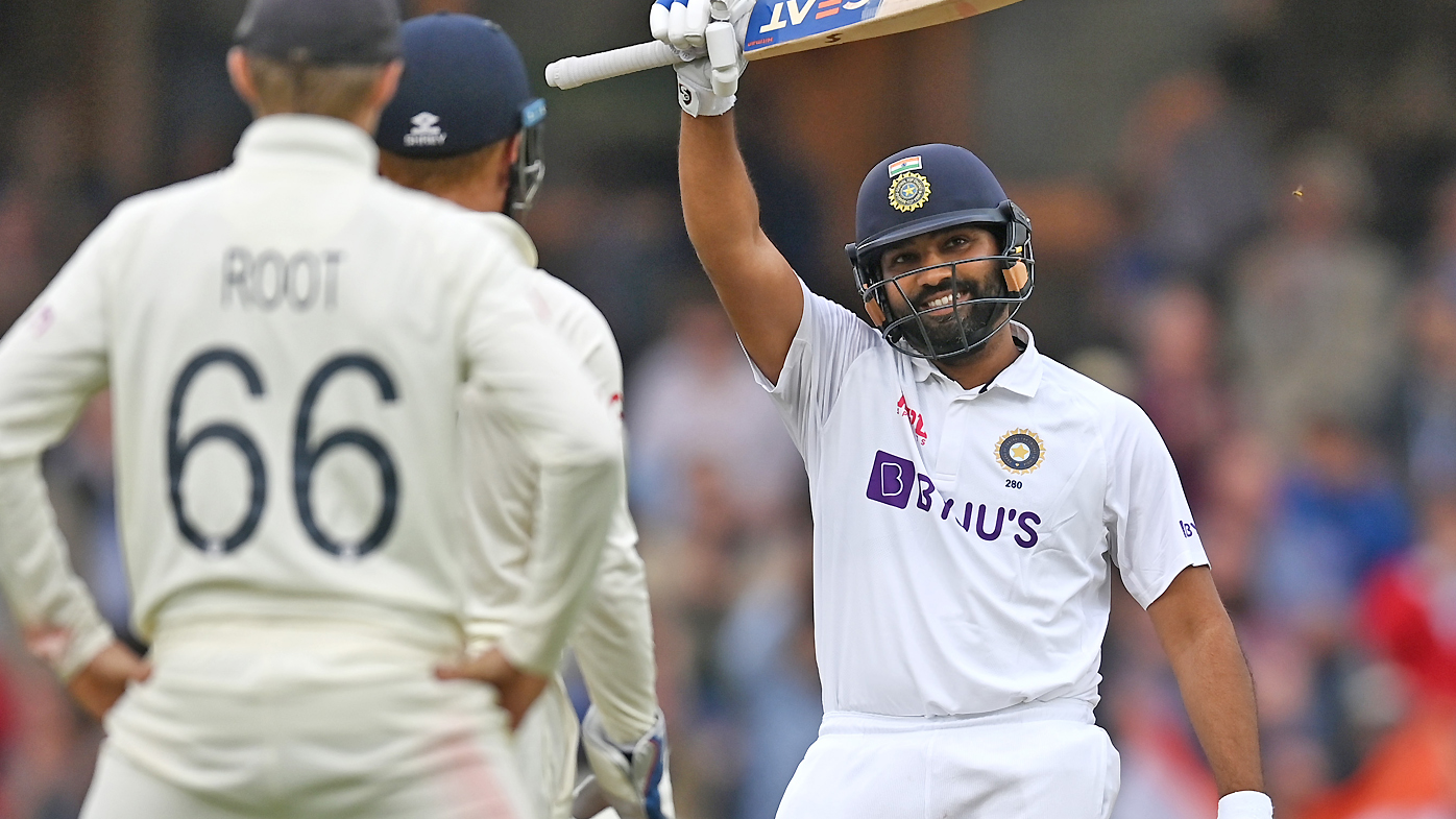Rohit Sharma of India celebrates reaching his century