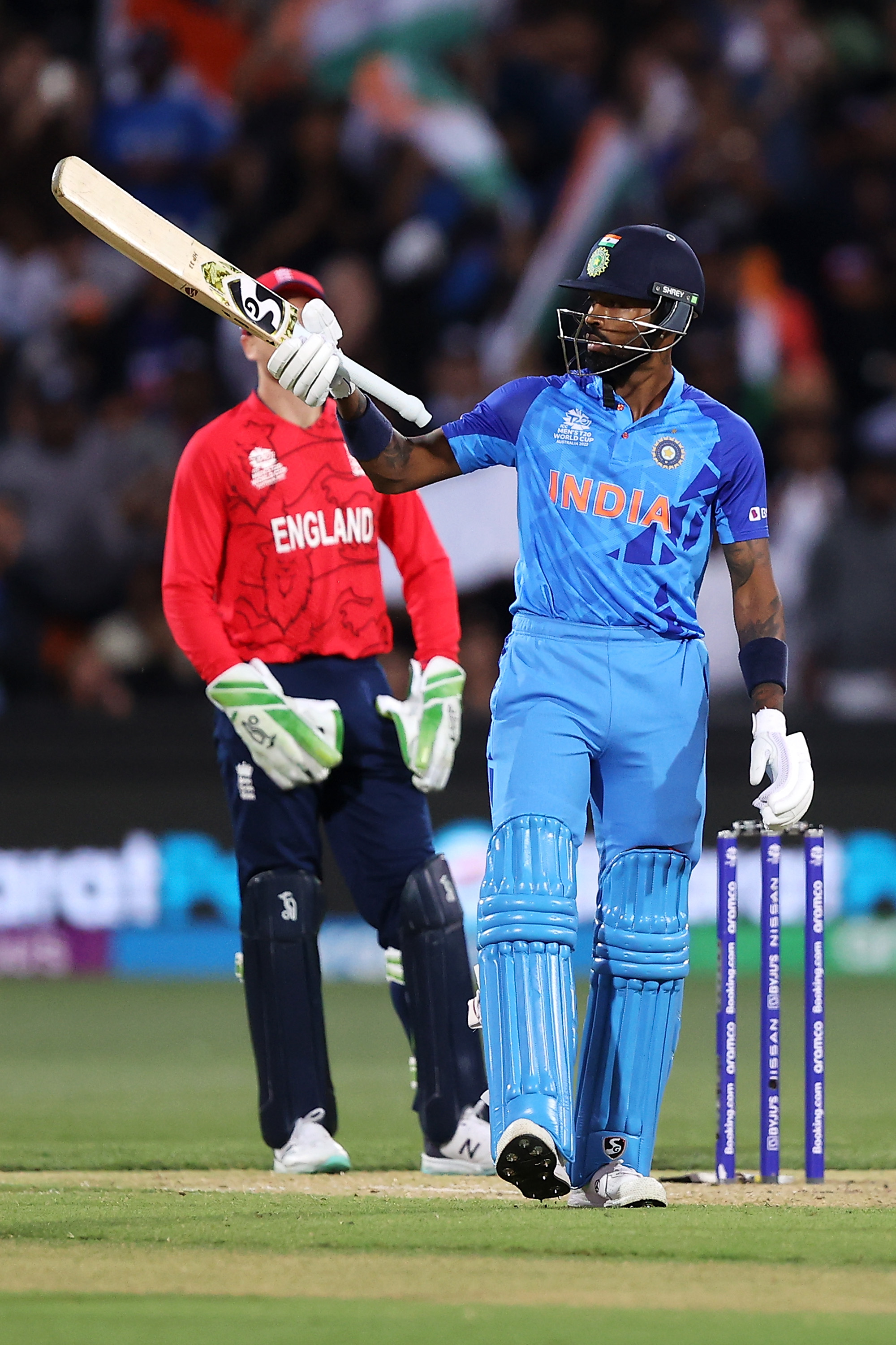 ADELAIDE, AUSTRALIA - NOVEMBER 10: Hardik Pandya of India celebrates his half century during the ICC Men's T20 World Cup Semi Final match between India and England at Adelaide Oval on November 10, 2022 in Adelaide, Australia. (Photo by Mark Kolbe/Getty Images)