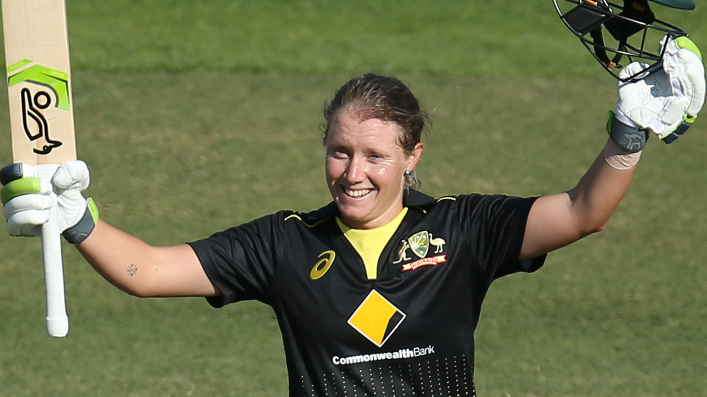 Alyssa Healy celebrates her world record T20 international score of 148.