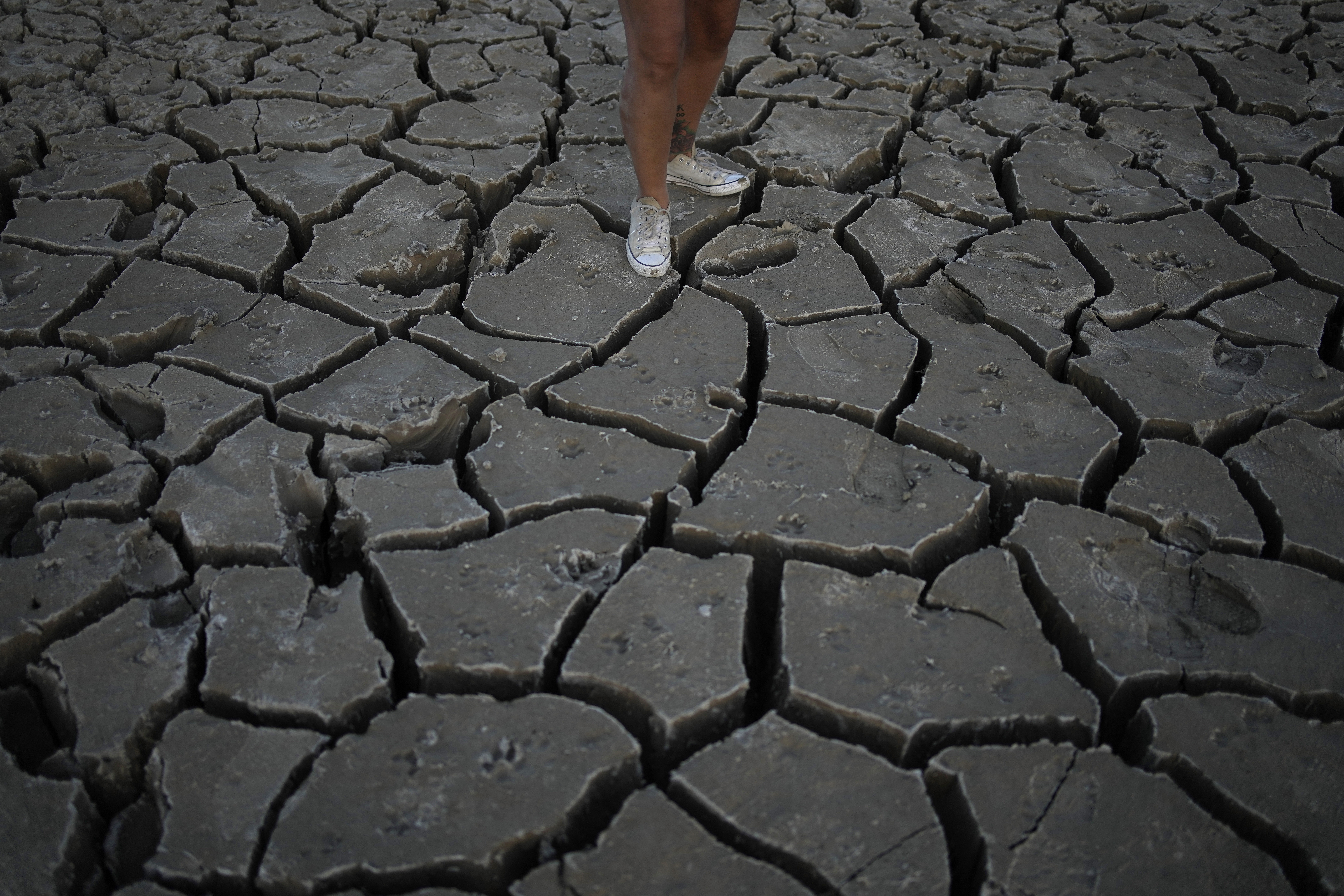 Misha McBride stands on cracked earth that was once underwater near Lake Mead at the Lake Mead National Recreation Area, Monday, May 9, 2022, near Boulder City, Nev. (AP Photo/John Locher)
