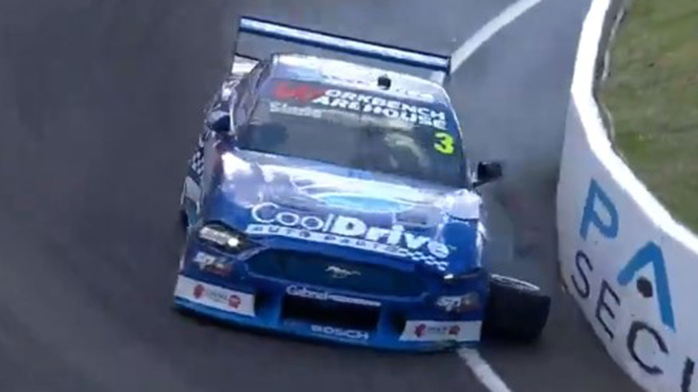 Tim Slade's Mustang after he hit the wall during race one at Bathurst.