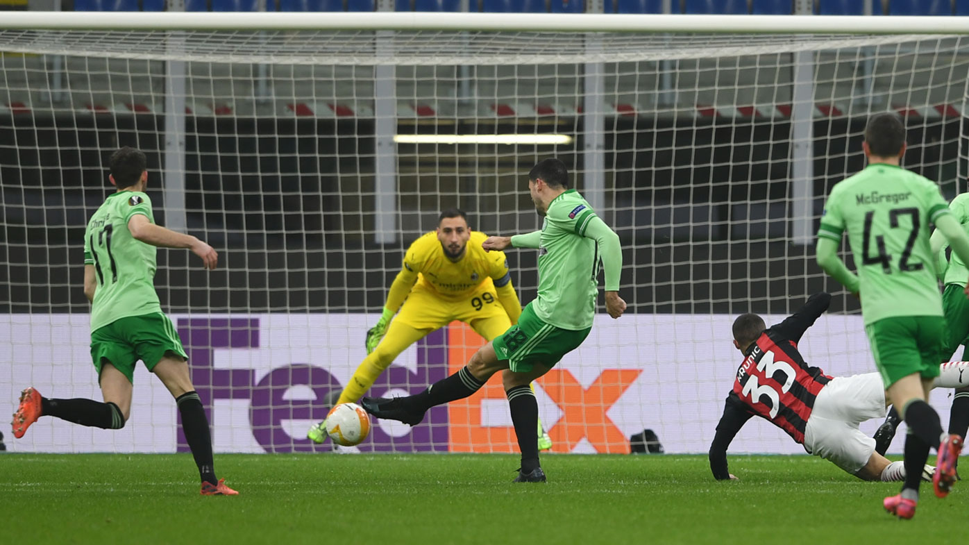 Tom Rogic slots the opener against AC Milan. (Getty)