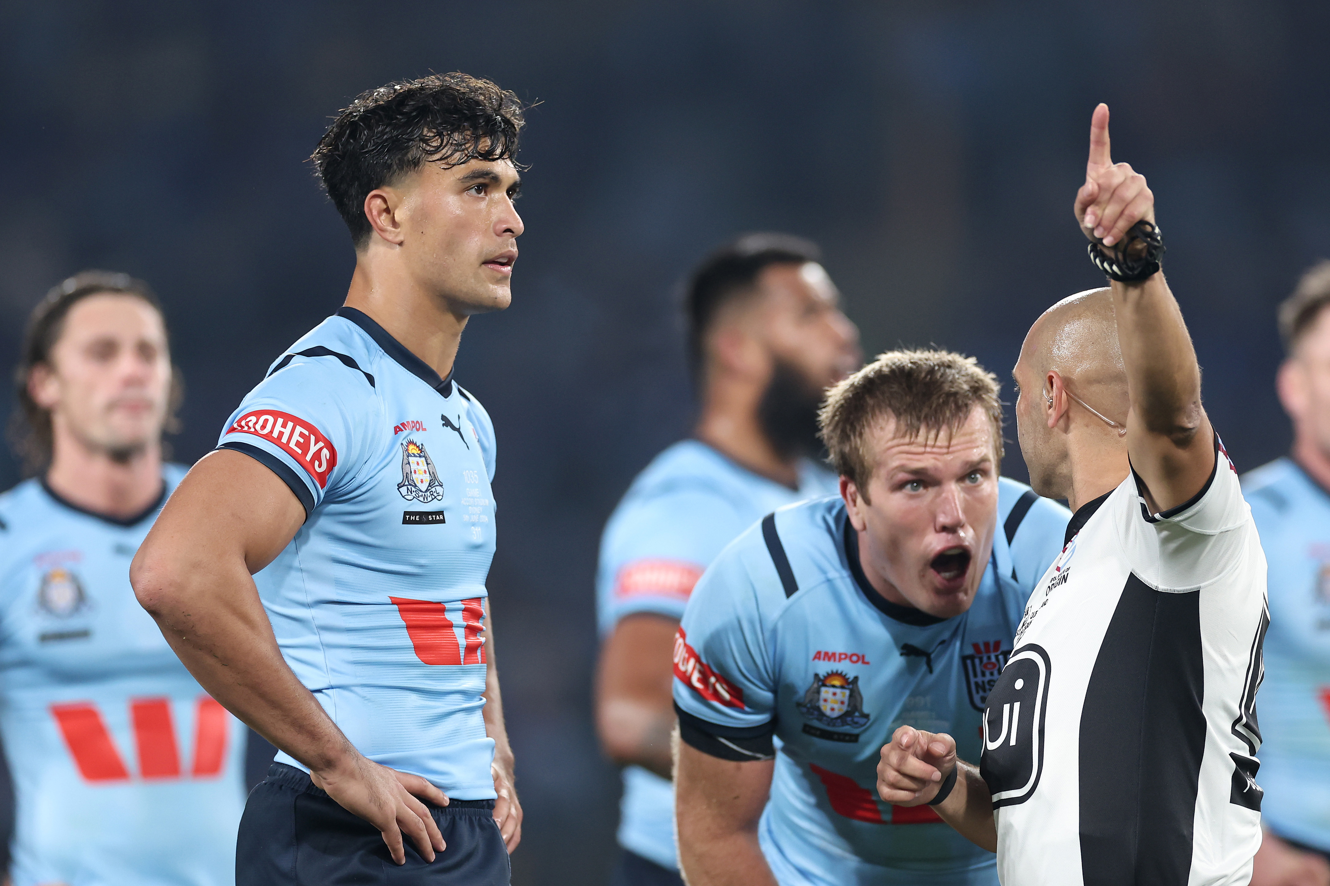 Joseph Suaalii of the Blues is sent off by referee Ashley Klein.